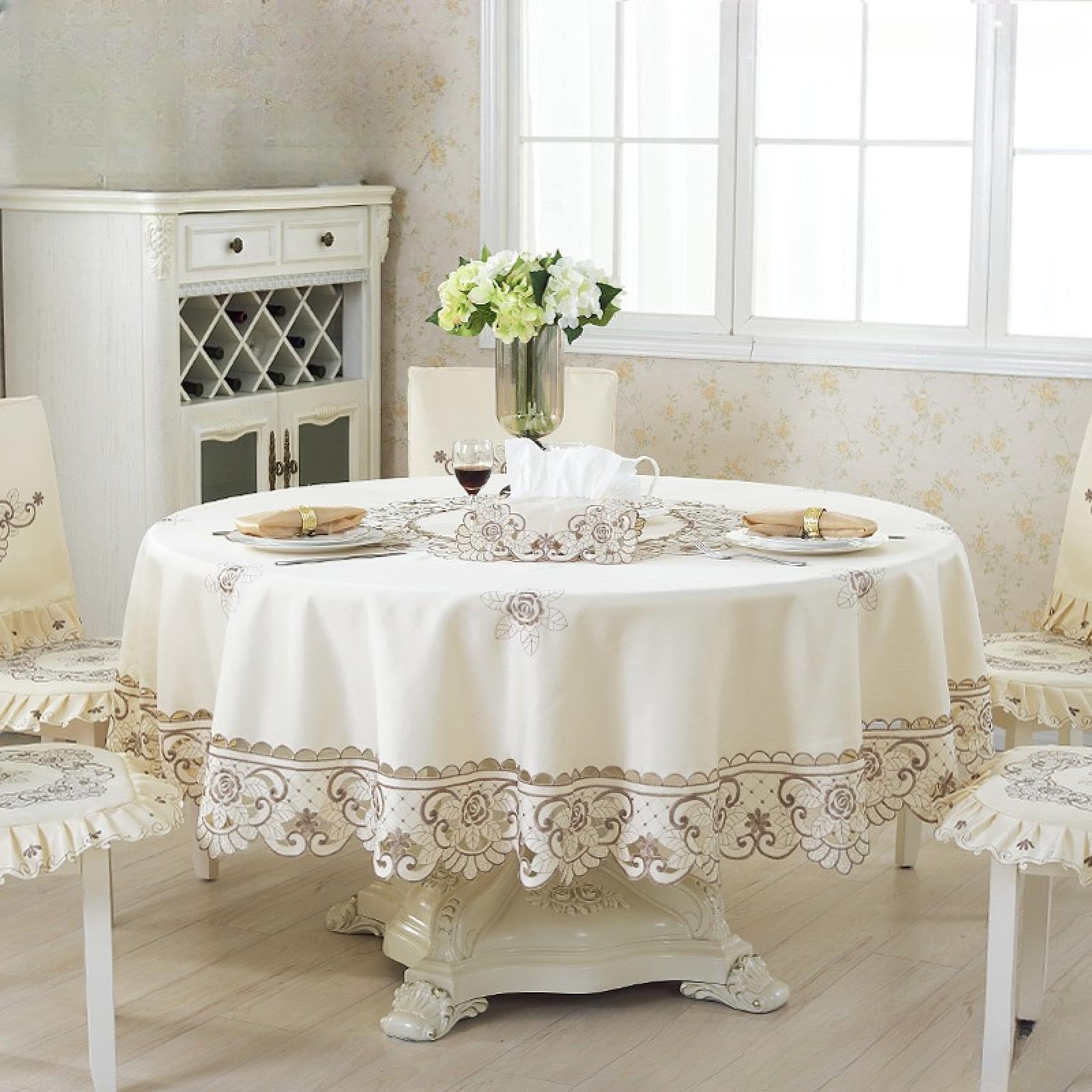 Nappe ronde brodée satin beige 85 cm décoration intérieur salon