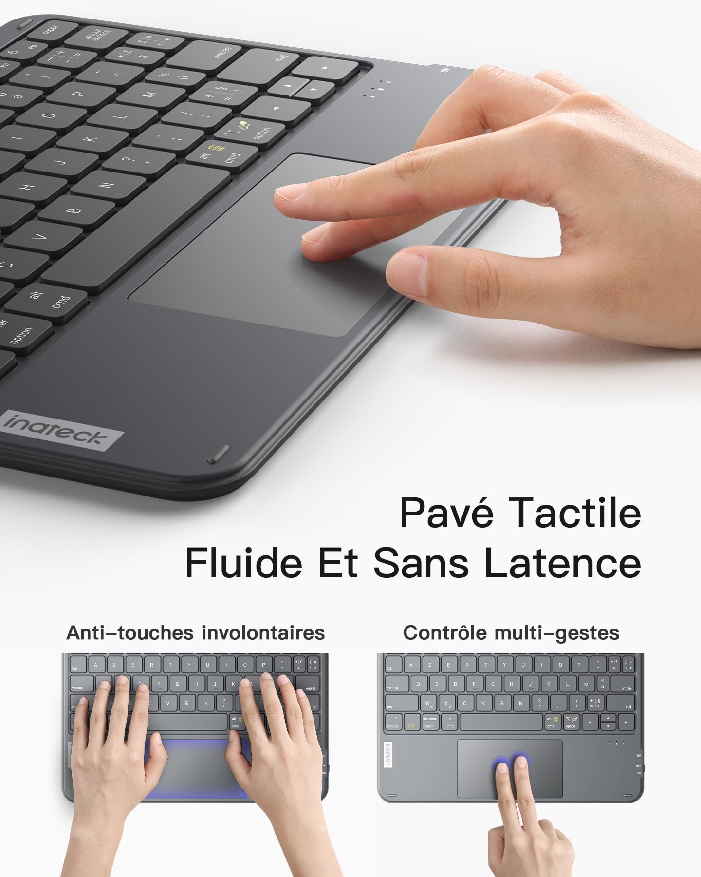 Inateck Clavier Bluetooth 3 canaux avec pavé Tactile, Clavier sans Fil AZERTY Ultra Fin et Portable, Compatible avec Windows et iPad OS, KB01105 Gris