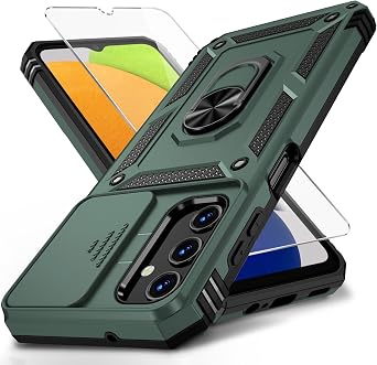 Vinve for Samsung Galaxy A03S Case with Slide Camera Lens Cover, HD Screen Protector, Military Grade Drop Protection, Magnetic Rotated Ring Holder Kickstand Phone Case Pine Green