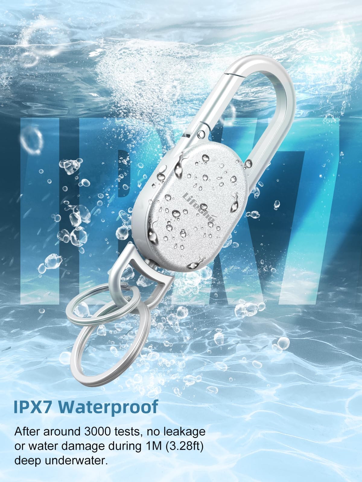 Portachiavi con localizzatore integrato anti-smarrimento, resistente, portachiavi in acciaio inox di alta qualità, con moschettone, con GPS Global Locator Tracking, impermeabile, argento