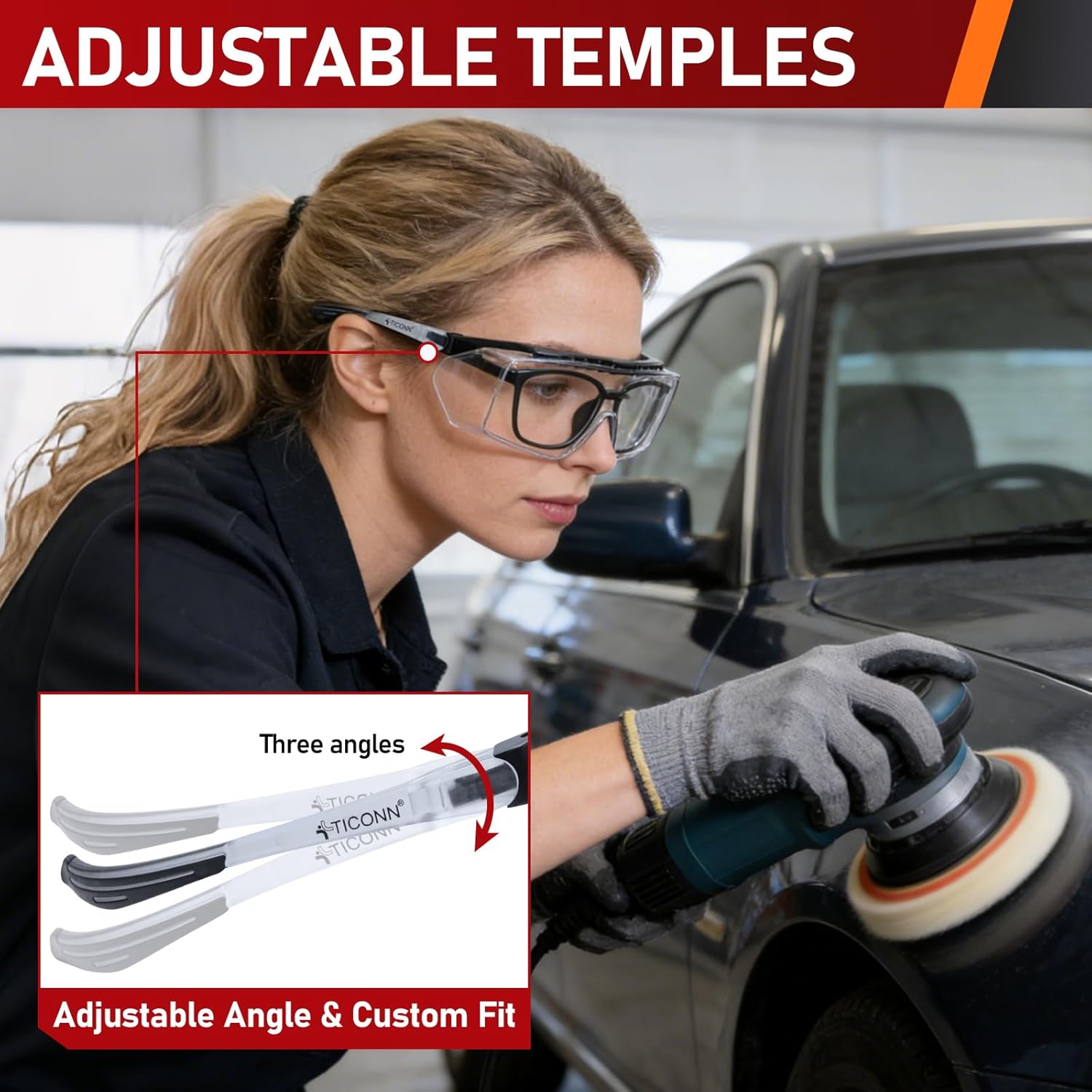 TICONN Safety Glasses Over Eyeglasses for Men Women, Anti-Fog ANSI Z87.1 Eye Goggles with Adjustable Arms and UV Protection