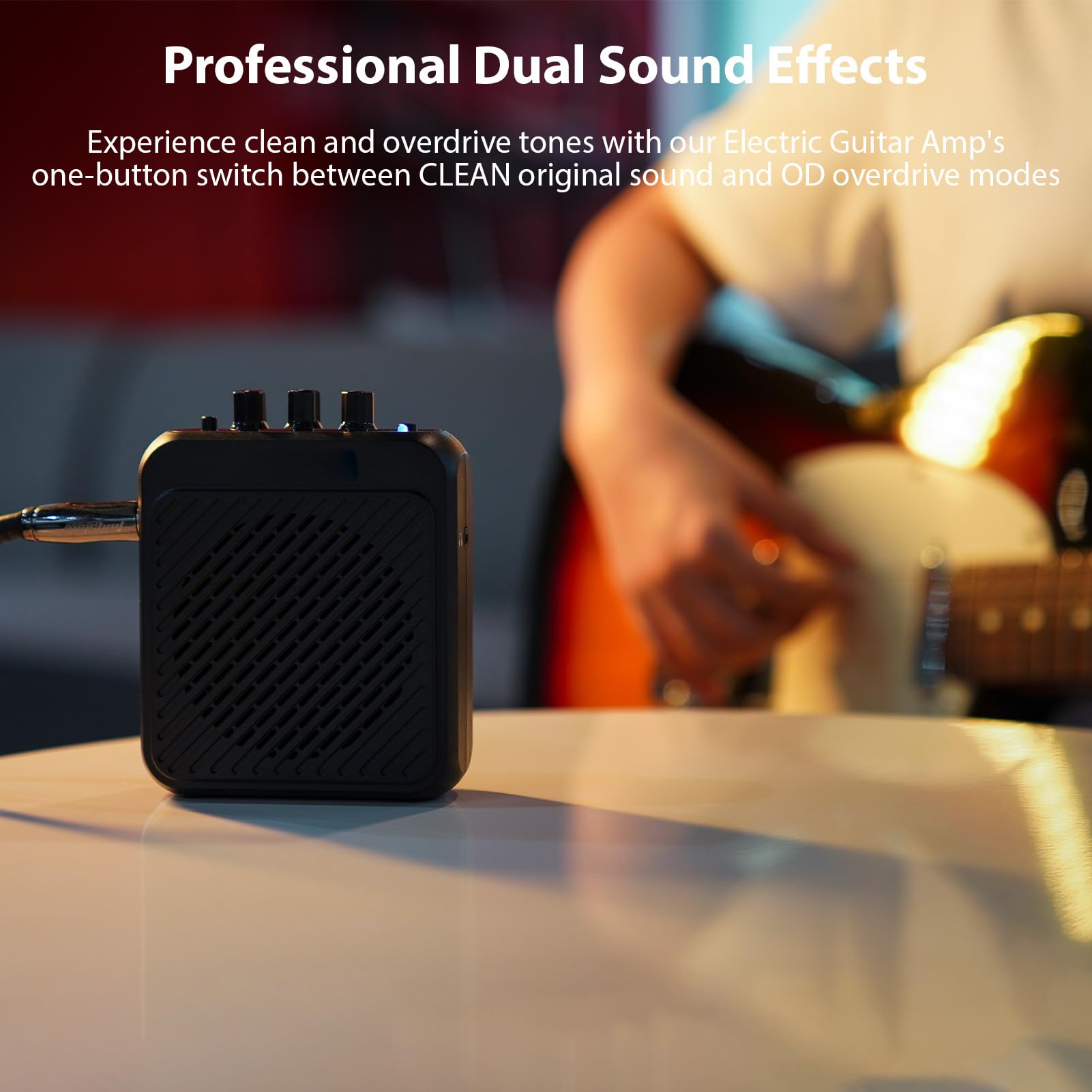 Alomejor Amplificador de Guitarra, Altavoz BT, 3 Vatios, 2 Modos, OD Limpio, Recargable con Auriculares, 10 X 3,9 X 2 Pulgadas, Negro