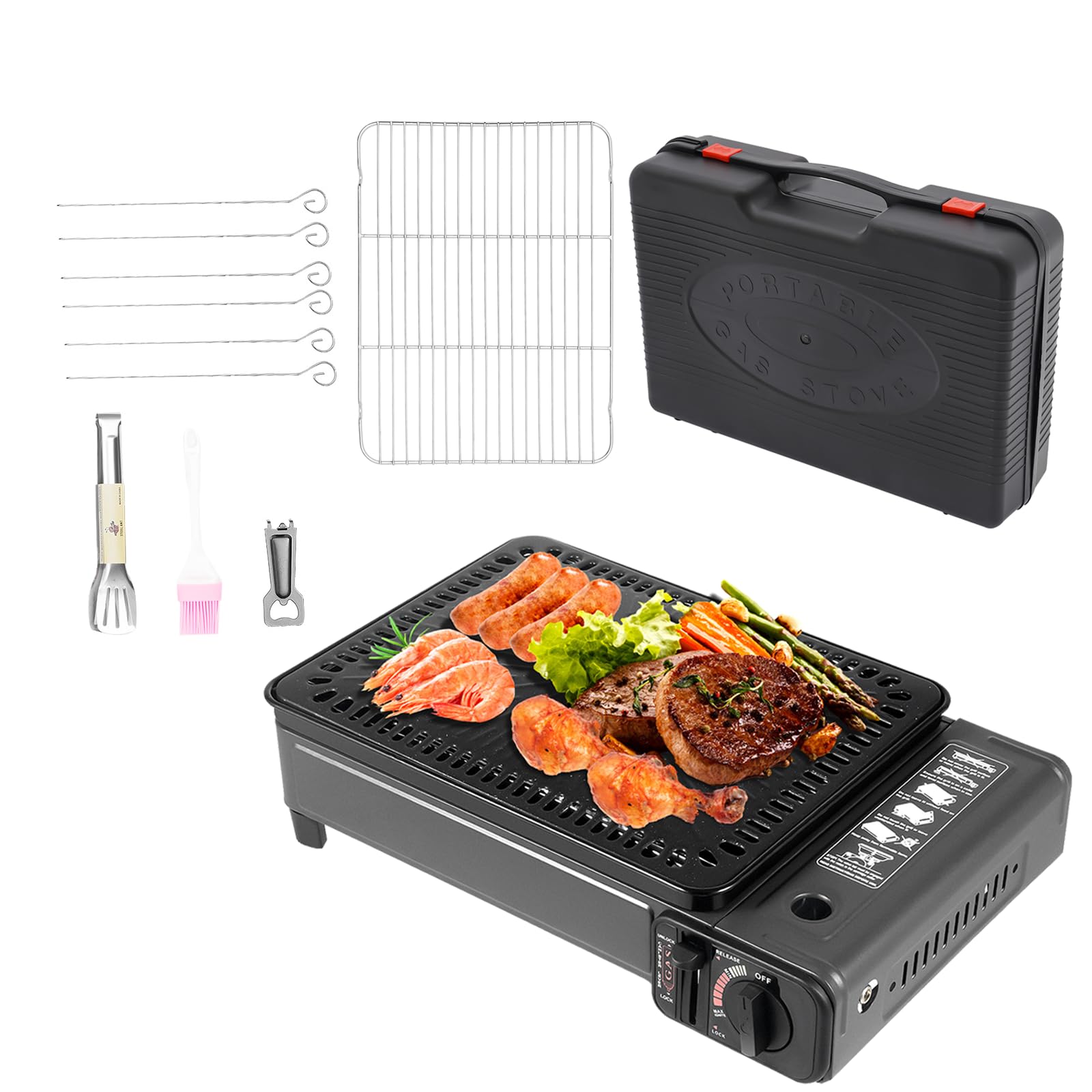 Tragbarer Gasgrill Camping Grill Gasherd Campingkocher, BBQ Gaskocher Tischgrill Gas mit Grillnetz und Koffer, Outdoor Gasgrill für Camping Trekking Reisen
