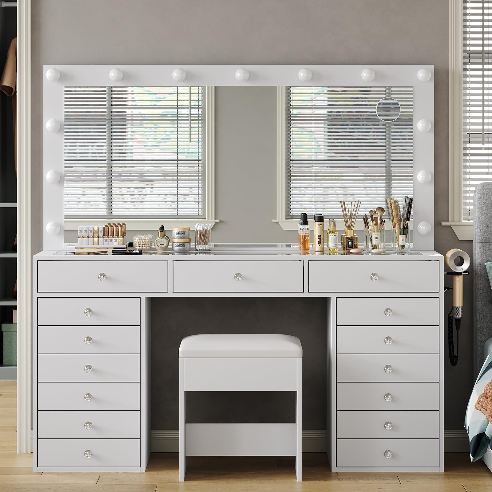 55" W Vanity Desk, Makeup Vanity with Charging Station, 15 Drawers with Lighted Mirror, 3 Lighting Modes, Brightness Adjustable, Glass Top, Vanity Table with Chair for Bedroom 15 Drawers White