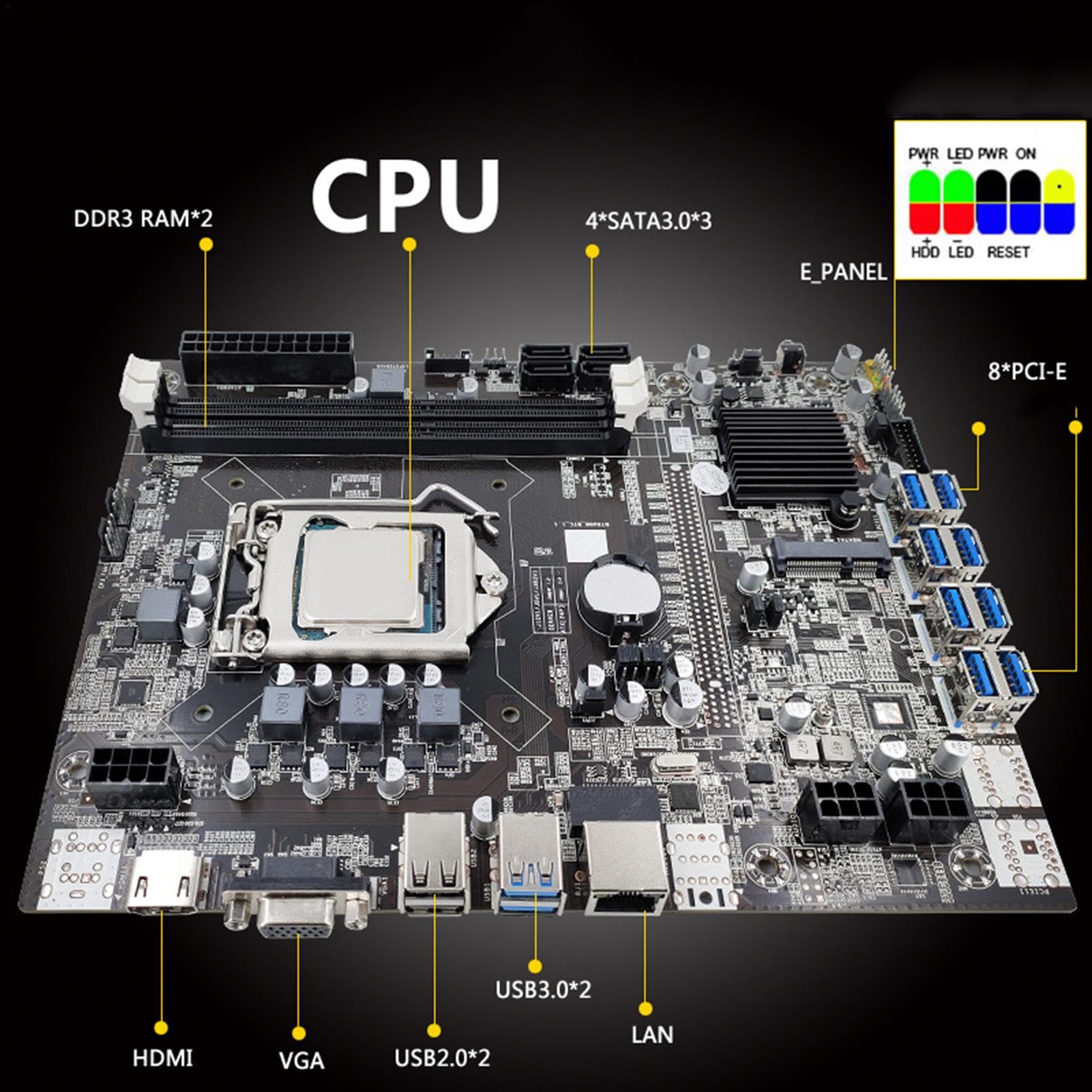 Czarna płyta główna B75 USB-BTC, wysoka prędkość CPU płyta główna | Combo, standardowe części komputerowe, aktualizacja komputera, jednostki e-sportowe do szybkiego użytkowania, dla zwiększenia