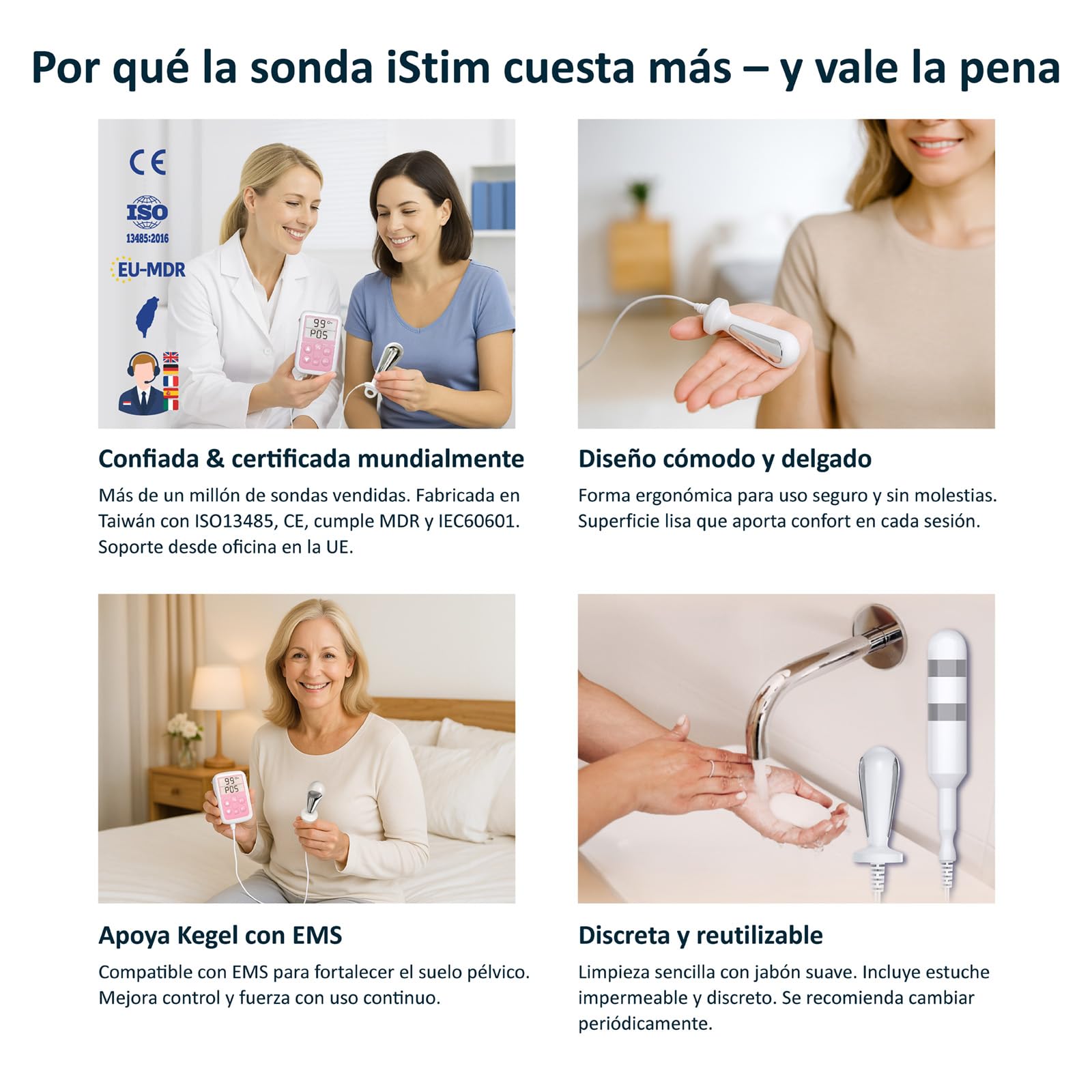 iSTIM Sonda PR-03 Vaginal Reutilizable de Grado Médico para Ejercicios Kegel: Diseñada para Fortalecer el Suelo Pélvico, Aliviar la Incontinencia y Compatible con TENS/EMS de Estimulación Muscular