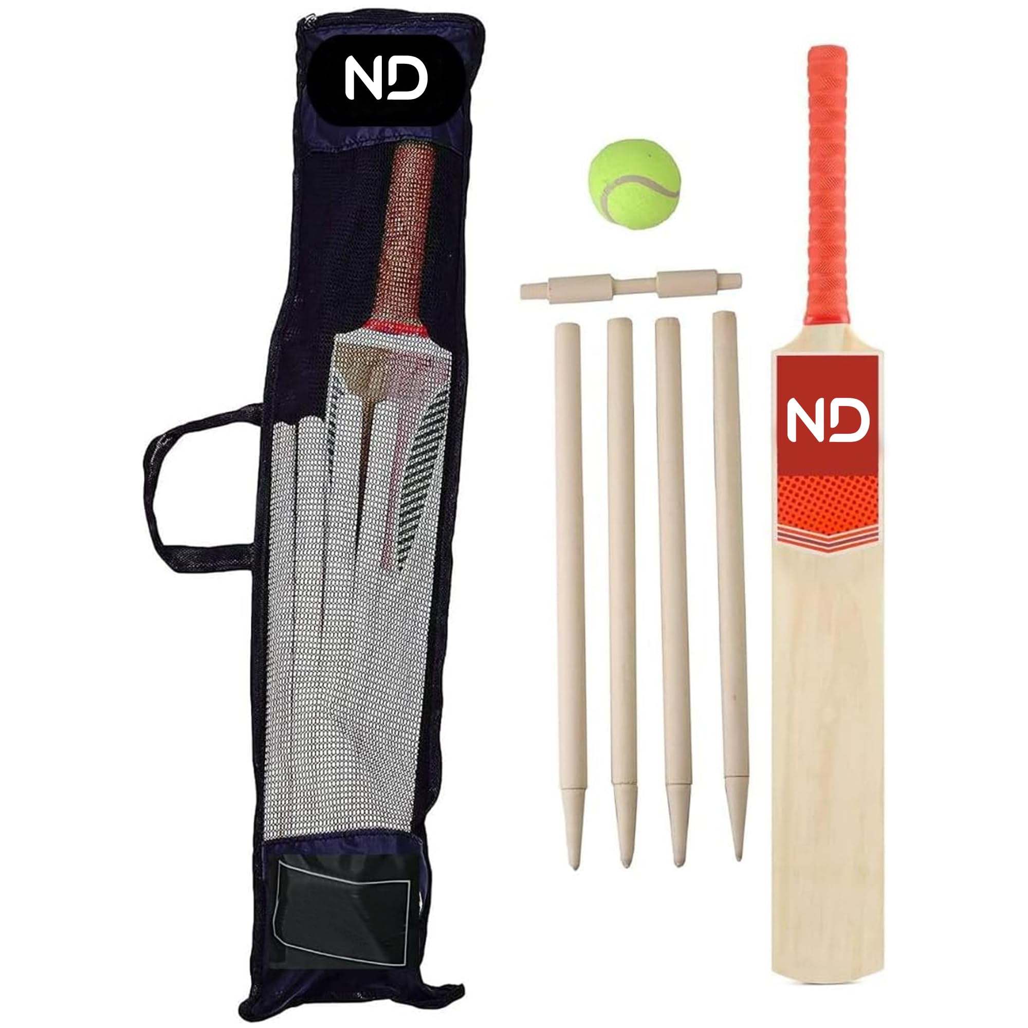 ND Sports Complete Cricket Set of 2 – Size 5 Wooden Cricket Bats with 4 Stumps, 2 Bails, Soft Ball & Carry Bag – Kids & Beginners Cricket Starter Kit for Backyard, Beach & Park (Set 2 (Size 5))
