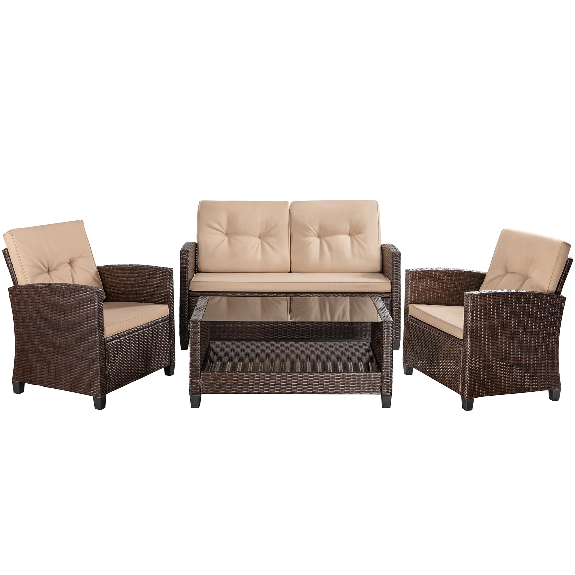Shintenchi 4 Piece Patio Furniture Set, Outdoor Rattan Conversation Set with Coffee Table, Outside Wicker Sectional Sofa Couch with Cushion, Brown and Khaki