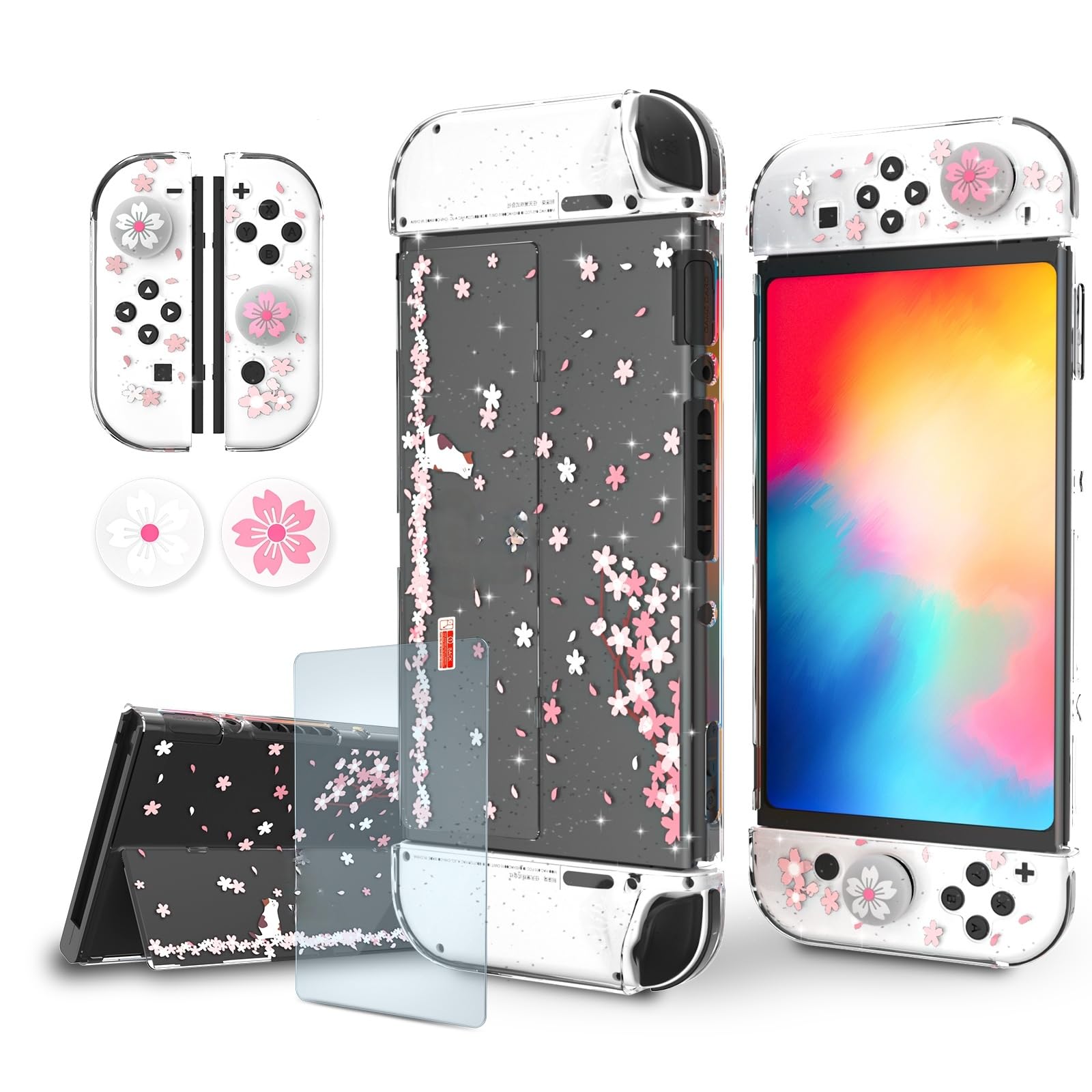 Cute Switch OLED Case – Dockable Glitter Clear Protective Cover with Cherry Blossom Design, Tempered Glass Screen Protector & Thumb Grips for Nintendo Switch OLED