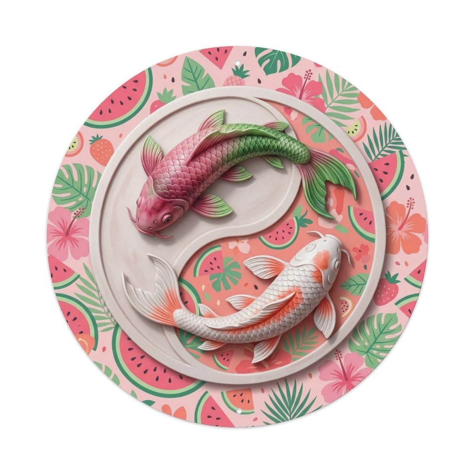 Tai Chi Koi Fish Watermelon Tourmaline Metal Tin Sign