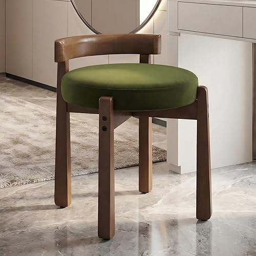 Miniatura 11 de DUOMAY Moderno tocador de maquillaje de chenilla, otomano tapizado con respaldo bajo con patas de madera maciza, lindo reposapiés redondo, taburete