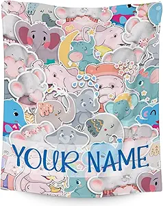 Personalized Elephant Blanket Gifts with Name - 60"x80" Cute Throw for Women Girls - Colorful Soft Fuzzy Blankets for Bed, Couch & Living Room