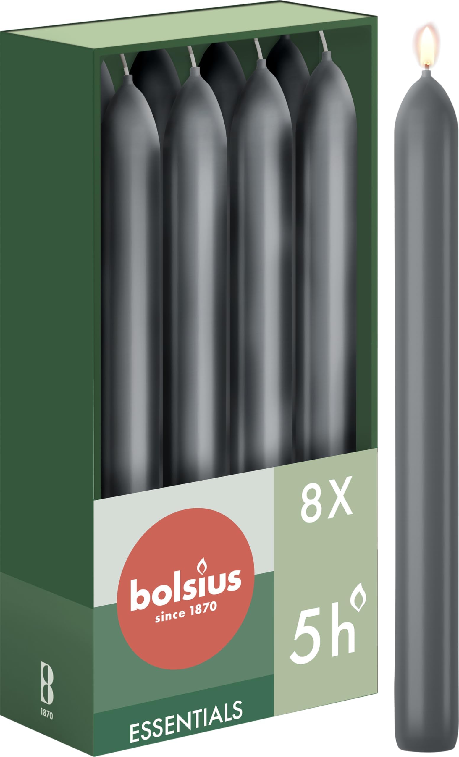 Bolsius Tapered Dinner Candles โ Anthracite โ 8-Pack โ 17 cm โ Long Burning Time of 5 Hours โ Unscented โ Includes Natural Vegan Wax โ Without Palm Oil
