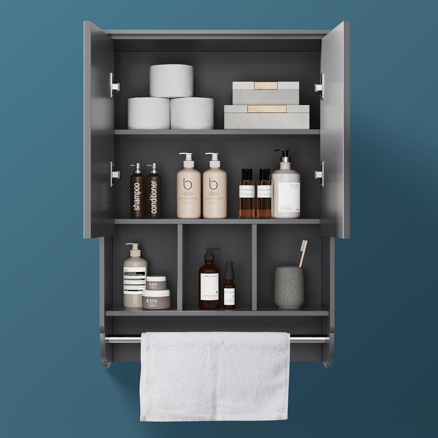 VANIRROR Bathroom Wall Cabinet with Towel Bar,Wooden Medicine Cabinet Adjustable Shelves,23x32 Inch Kitchen Cabinet,Over Toilet Storage Cabinet for Bathroom,Kitchen,Laundry