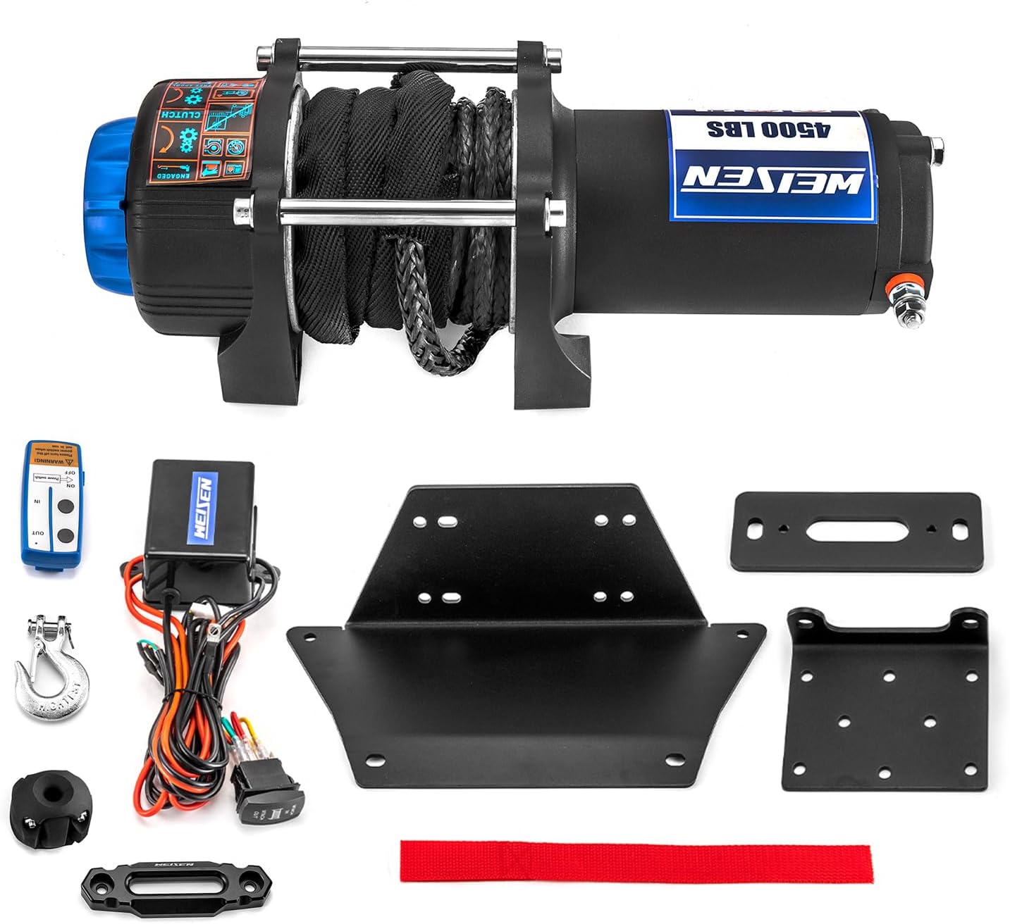 WeiSen 4500lb Electric Winch w/Rocker Switch & Winch Mount Compatible with Polaris Ranger XP 1000/900 Crew/PRO XD 2013-2025, w/ 32ft Synthetic Line Hawse Fairlead Hook & Stopper