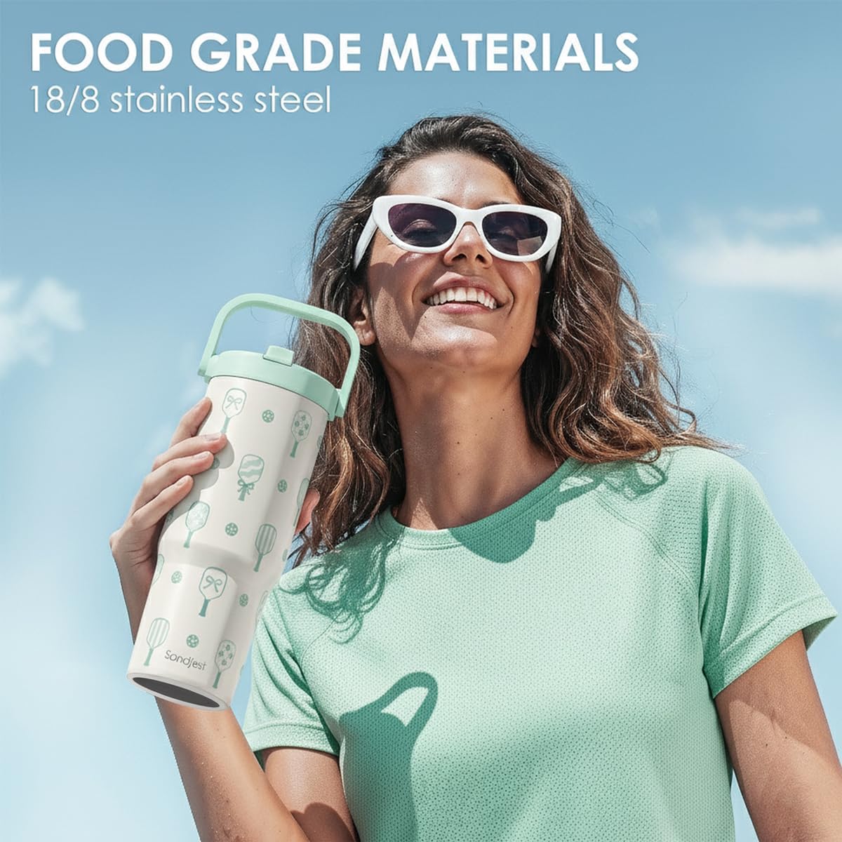 SANDJEST Pickleball Stainless Steel Straw Lid Tumbler 30oz with Carry Handle for Women Girls Adults, Insulated Travel Coffee Cup, Gift for Sports Outdoor Workout Christmas Birthday (Mint) - Image 6