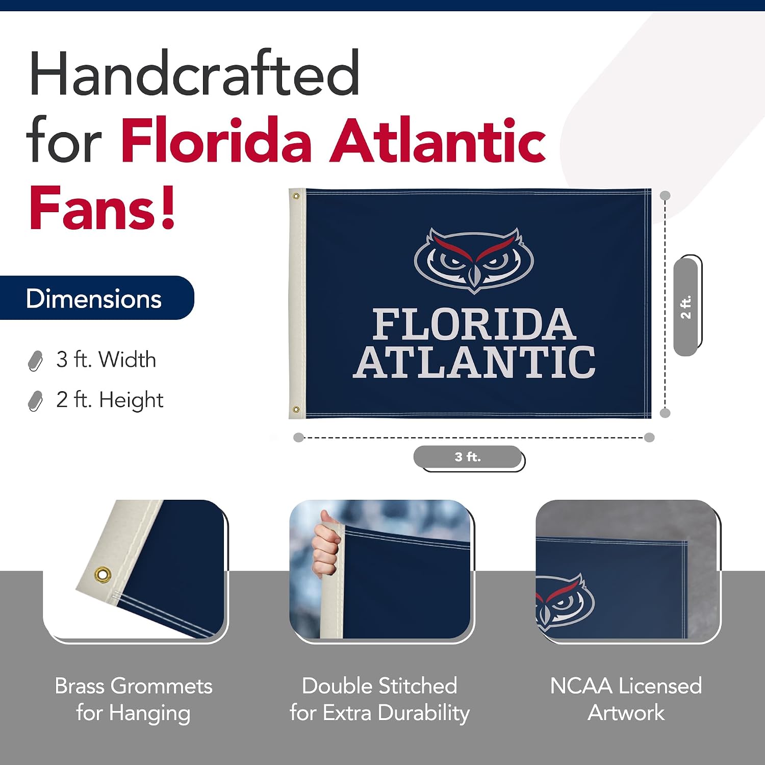 Florida Atlantic Owls College Sports Printed Flag - NCAA Licensed - Nylon - School Banner (Blue, Red, White) (2' x 3')