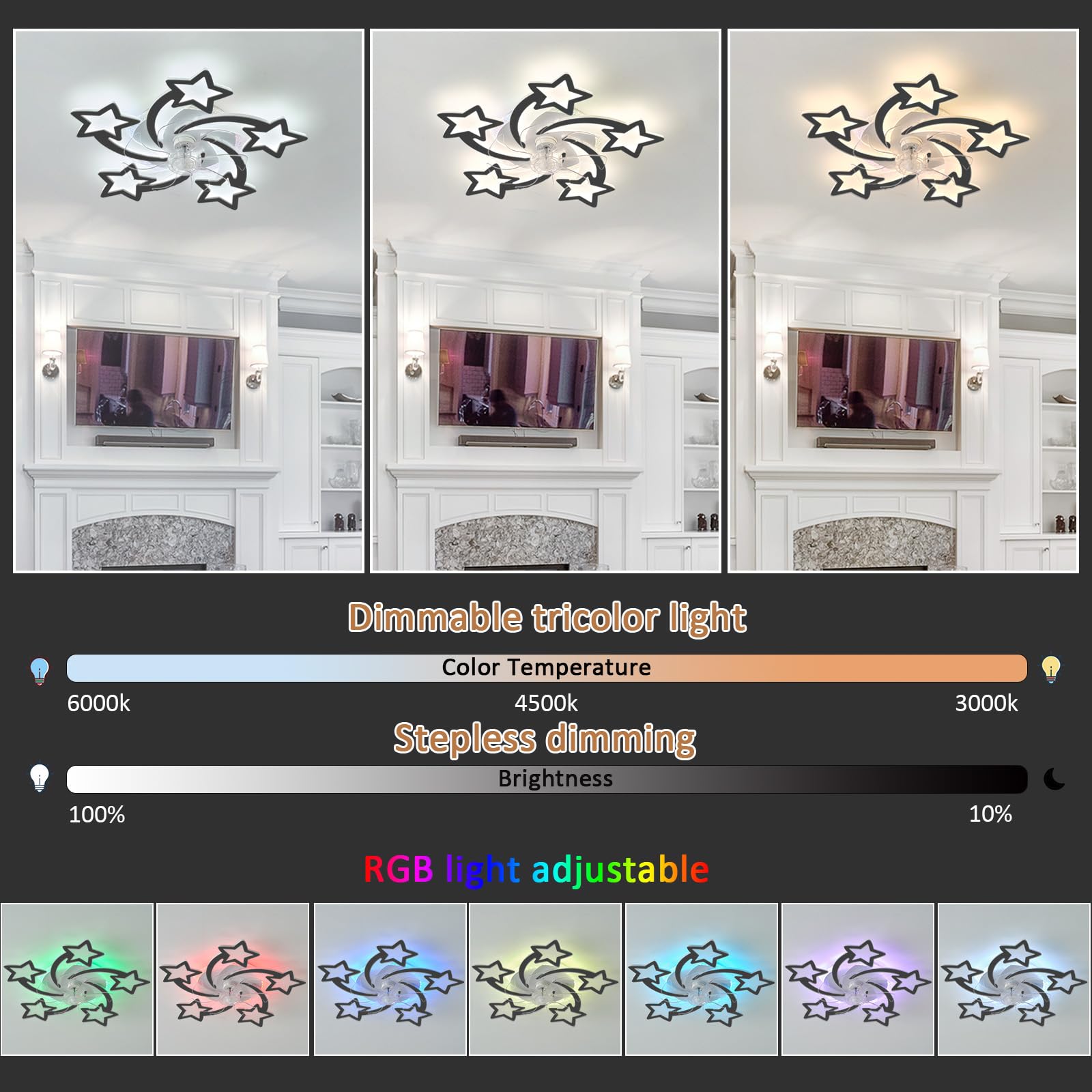 RGB Smart Ventilatore da soffitto con luci Telecomando e controllo APP Dimmerabile 6 velocità Ventilatore reversibile per camera dei bambini Soggiorno Timer di memoria silenzioso 69 cm Nero