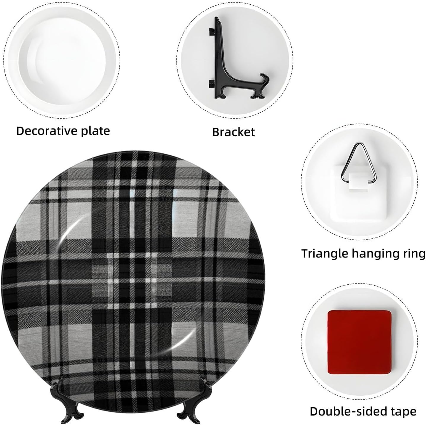Grey-Black-Tartan 10 Inch Decorative Plate With Stand, Elegant Display Wall Plate For Home Decor
