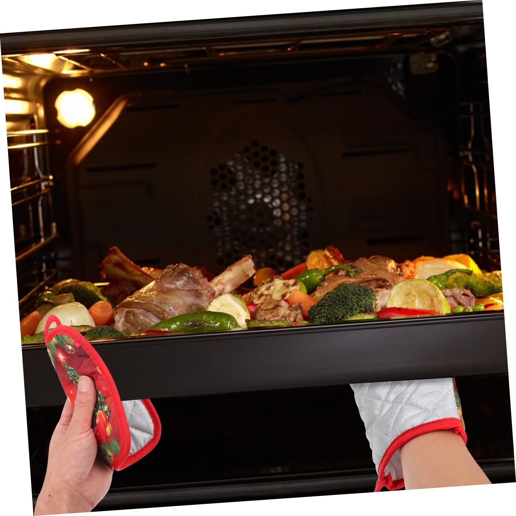 Alipis Guantes Resistentes Al Calor para Horno y Microondas, Juego De 4 Piezas, Diseño Navideño Rojo Árbol y Santa Claus, Tela Acolchada Aislamiento Térmico para Cocina y Horneado