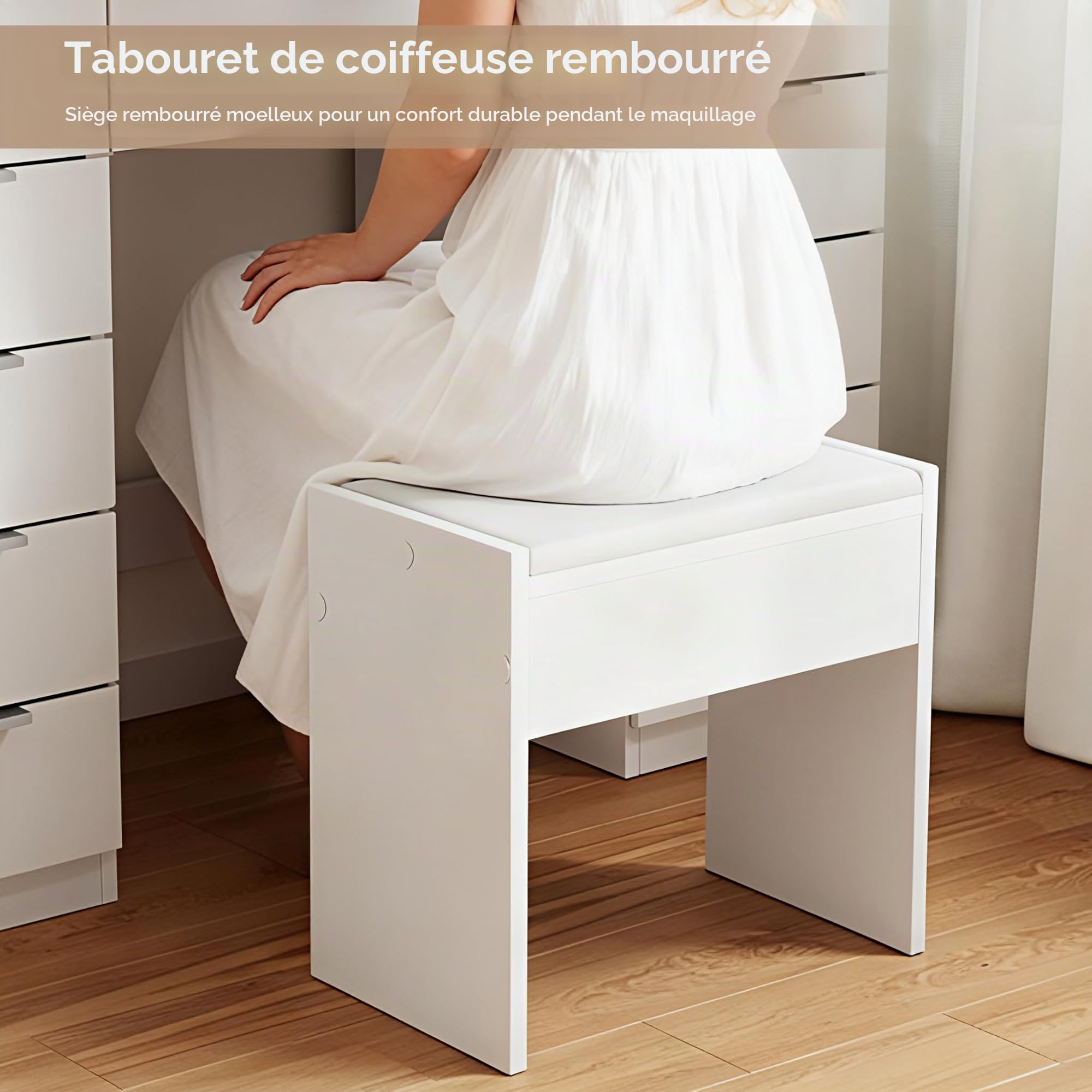 Mondeer Coiffeuse avec Miroir et Tabouret, LED Maquillage Luminosité Réglable avec Plateau en Verre et 11 Tiroirs, Coiffeuse Moderne avec Prise, pour Chambre à Coucher, Blanc