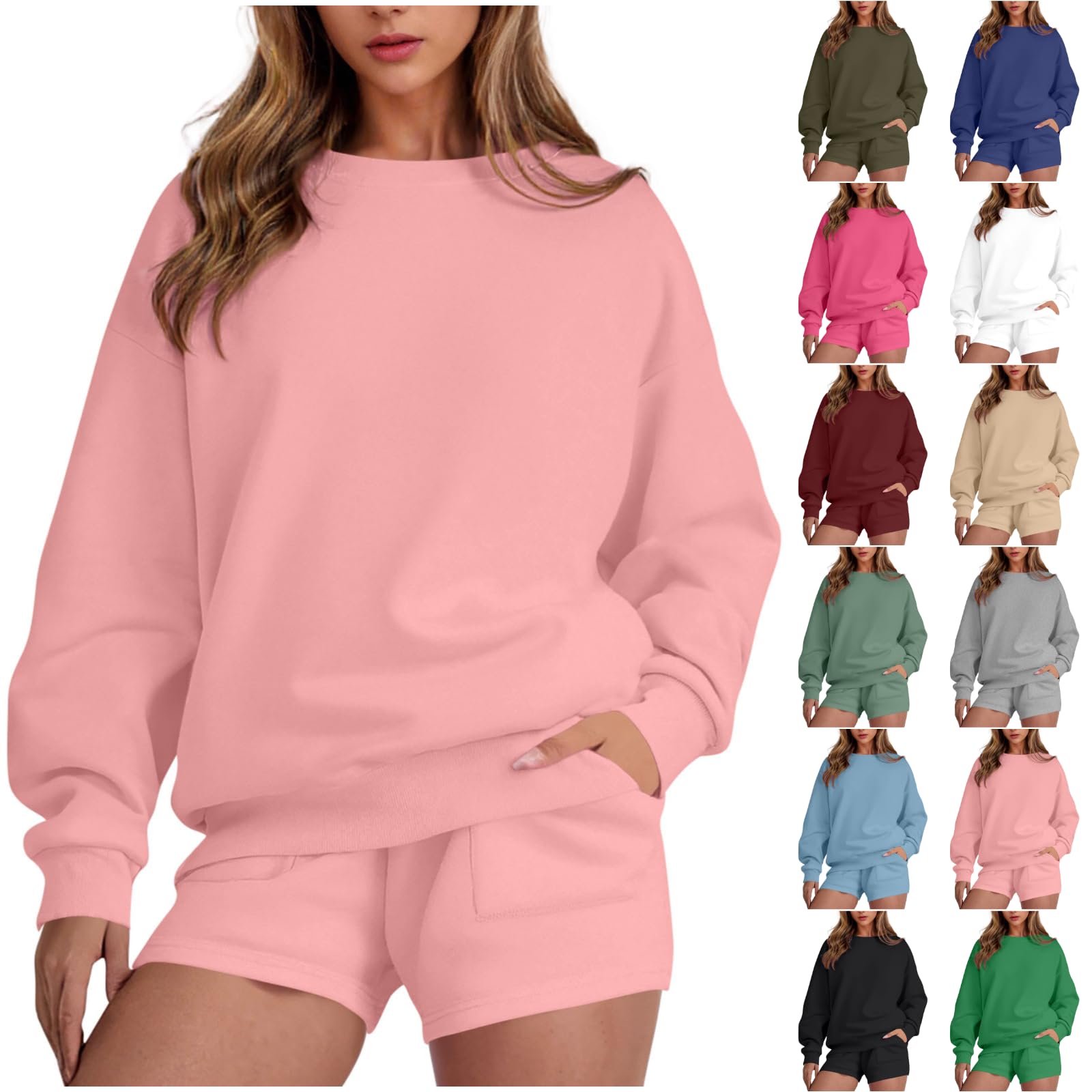 Two Piece Sets for Women Baggy Shorts Oversized Pullover Crew Neck Sweatshirts Lounge Sweatsuits 2 Piece Outfit