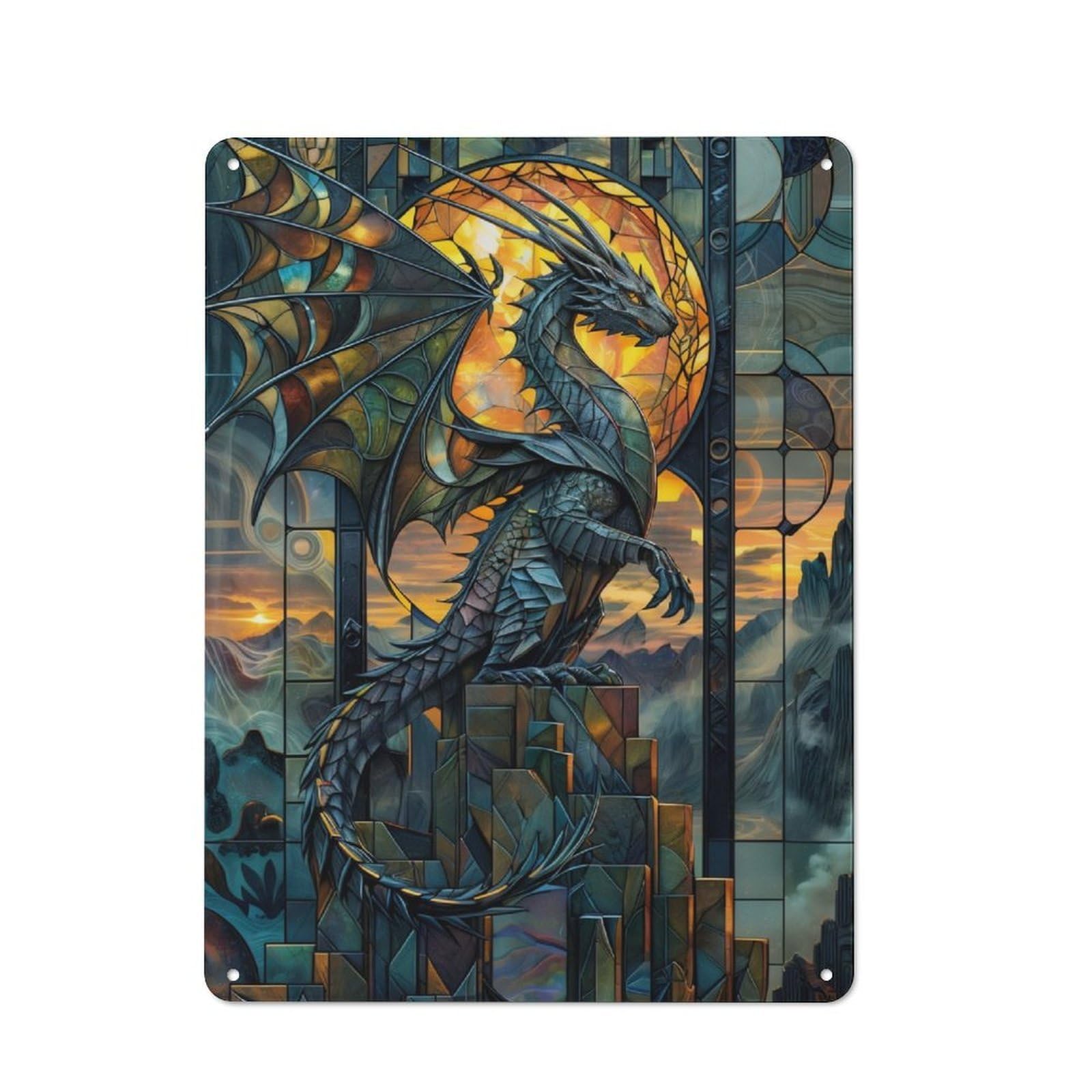 Stained Glass Dragon Majes Clean Industrial Metal Wall Decor 40x30cm, Decorative Metal Plaque for Workspace, Cafe, Hallway Or Garage