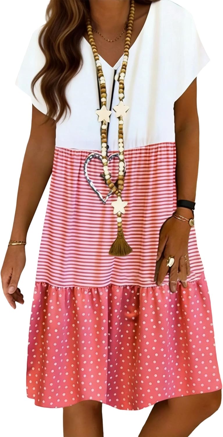 Women's Short Sleeve Boho Dresses Summer Tshirt Dress Plus Size Color Block Swing Midi Sundress Trendy 2026