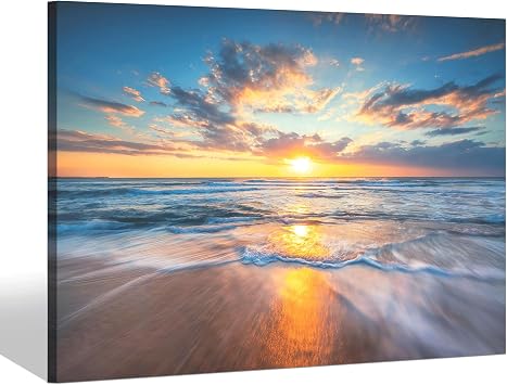 Ocean Wave Canvas Wall Art Sunset Coastal Beach Pictures Prints Blue Sea View Painting Calming Seascape Artwork for Living Room Bedroom Bathroom