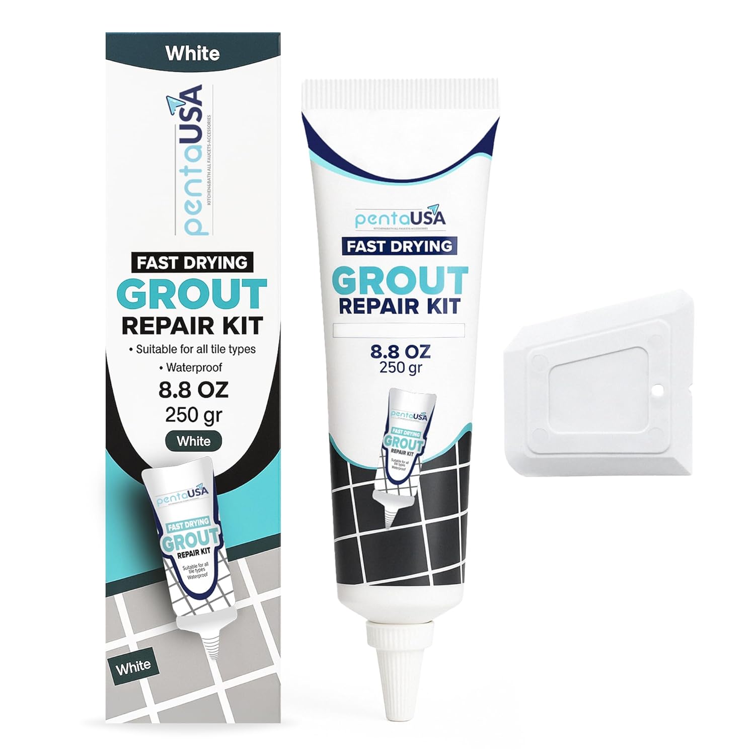 PentaUSA White Tile Grout Repair Kit - Fast-Drying Waterproof Filler, Triple Protection, Real Grout Renewal with Scraper, 8.8oz