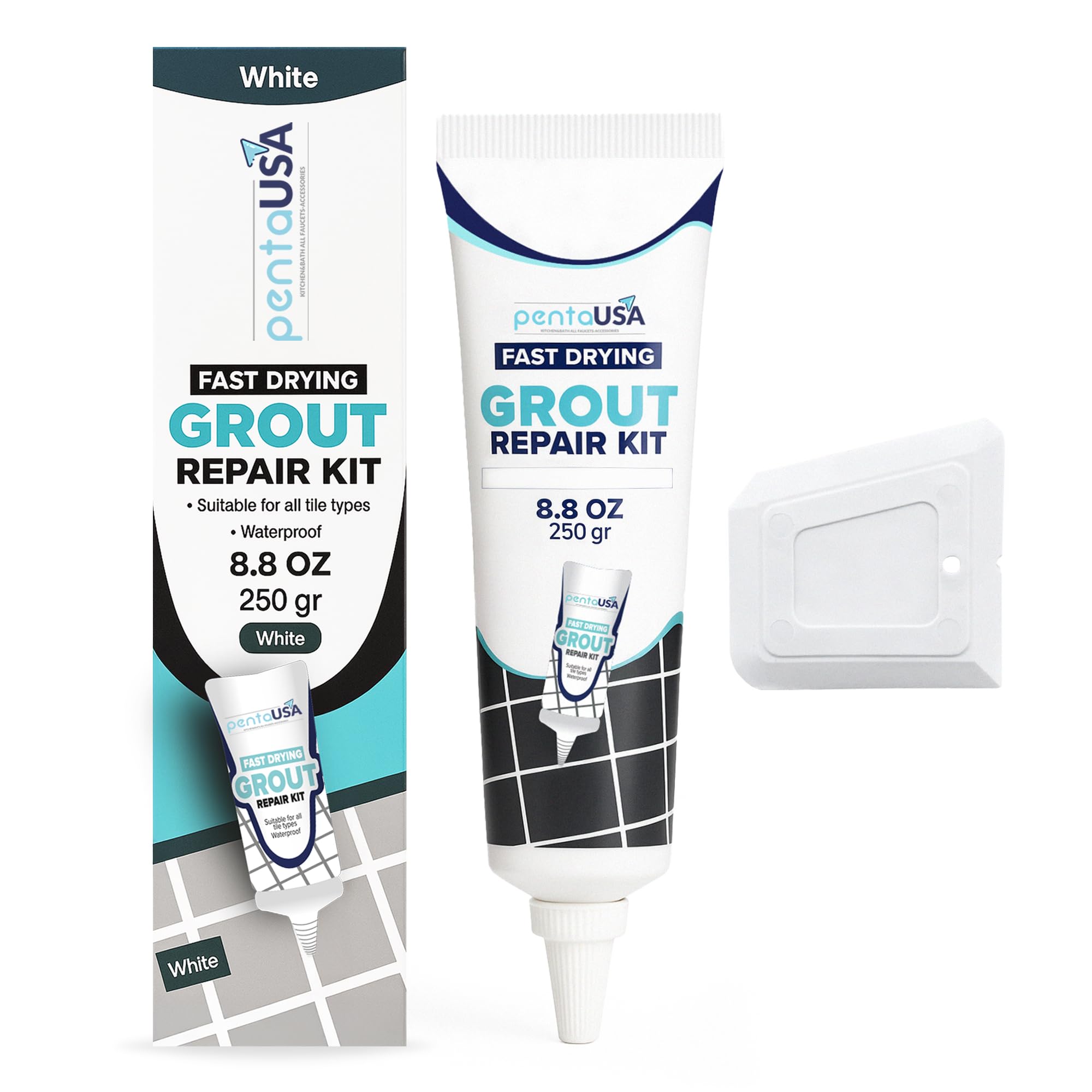PentaUSA Tile Grout Repair Kit - White Grout Filler, Triple Protection, Fast Drying Formula Restores and Renews Grout Lines with Scraper (White, 8.8oz / 250gr)