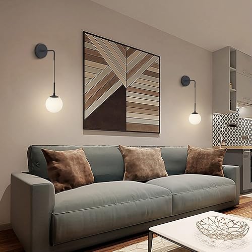 Miniatura 6 de KCO Juego de dos apliques de pared de vidrio blanco esmerilado, luz de pared de bola de globo negro, cable ajustable, lámpara de pared industrial