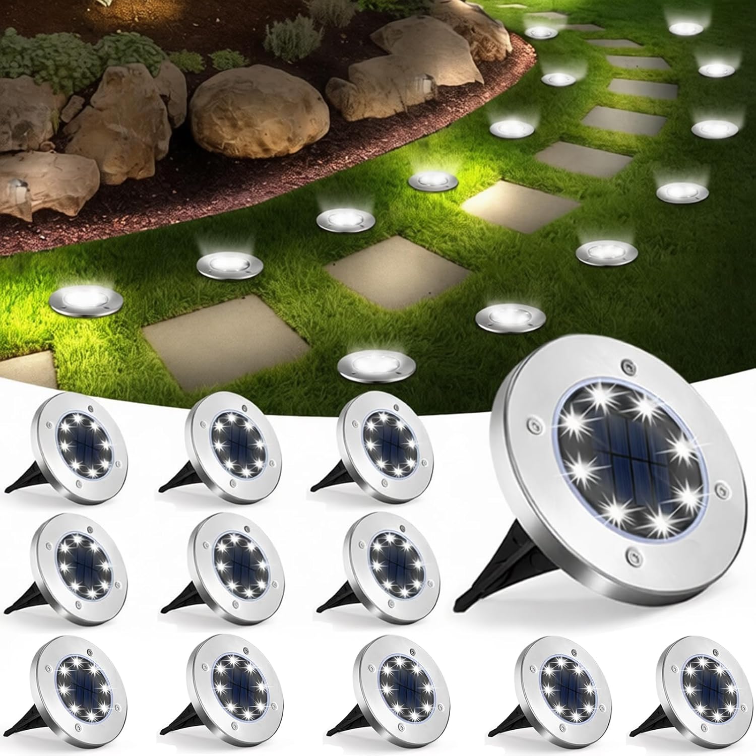 UFOND 12 Pack Solar Ground Lights，Outdoor Waterproof LED Gardenlight, Disklights for Lawn Pathway Yard Walkway Driveway Patio Deck, Solar Lights (Cold White)