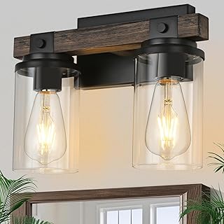 Farmhouse Bathroom Light Fixture Wood Black Vanity Lighting 2-Light Wood...