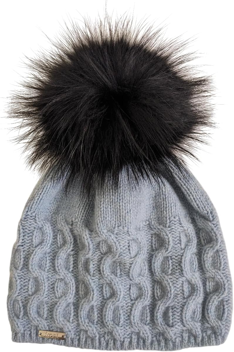 Frost Hats 50% Cashmere 50% Merino Blend Cable Hat with Detachable Genuine Raccoon Fur Pom