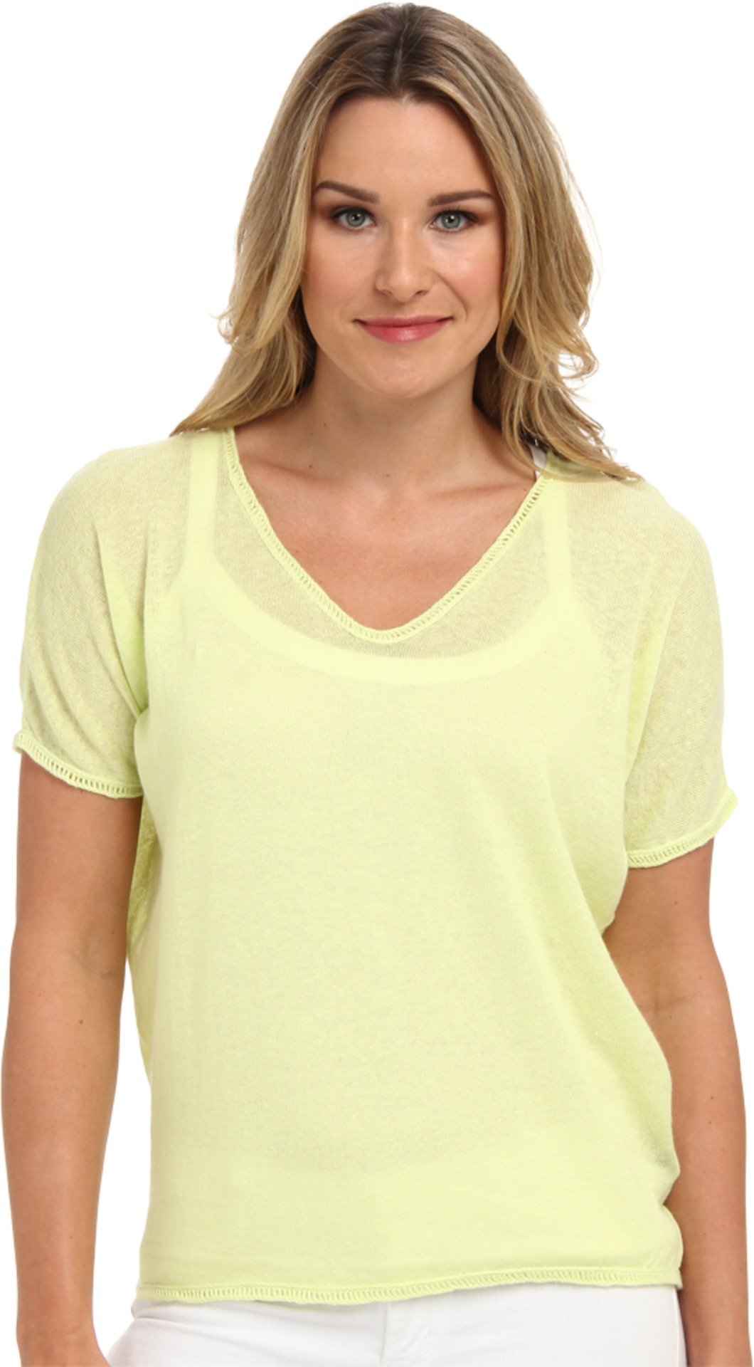 Clich Mode Women's Short Sleeve Linen Shredded Back Lime SM