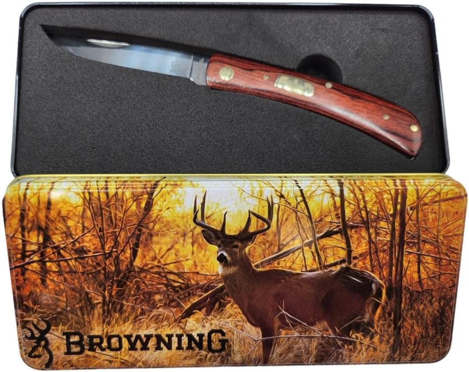 Browning Vintage Whitetail Folding Knife 2.75" Blade- Wood Handle and Tin
