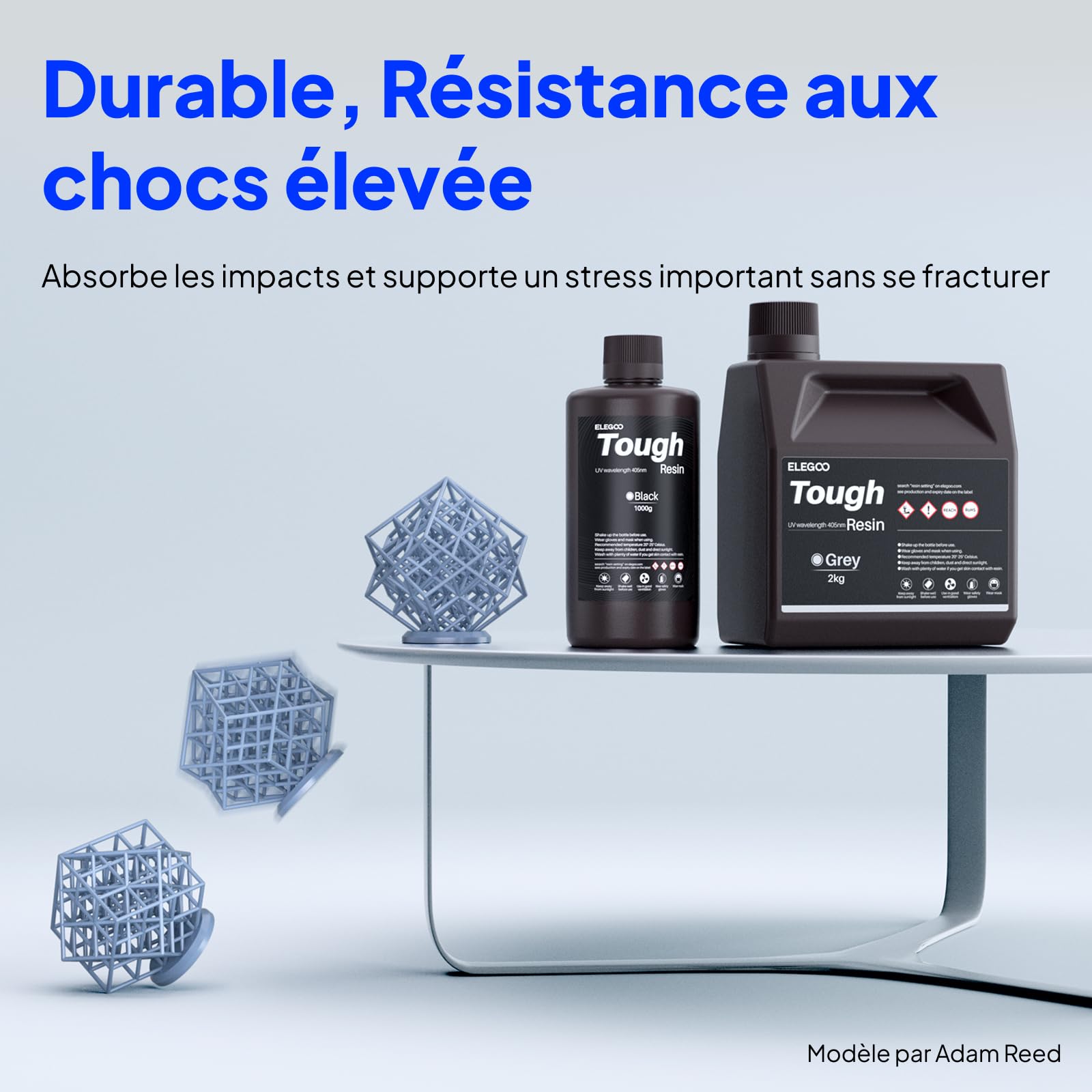 ELEGOO Résine Tough pour Imprimante 3D, Résine Robuste avec Haute Dureté, Faible Viscosité, Faible Retrait, Compatible avec Imprimantes 3D MSLA/LCD/DLP, Gris 1000g