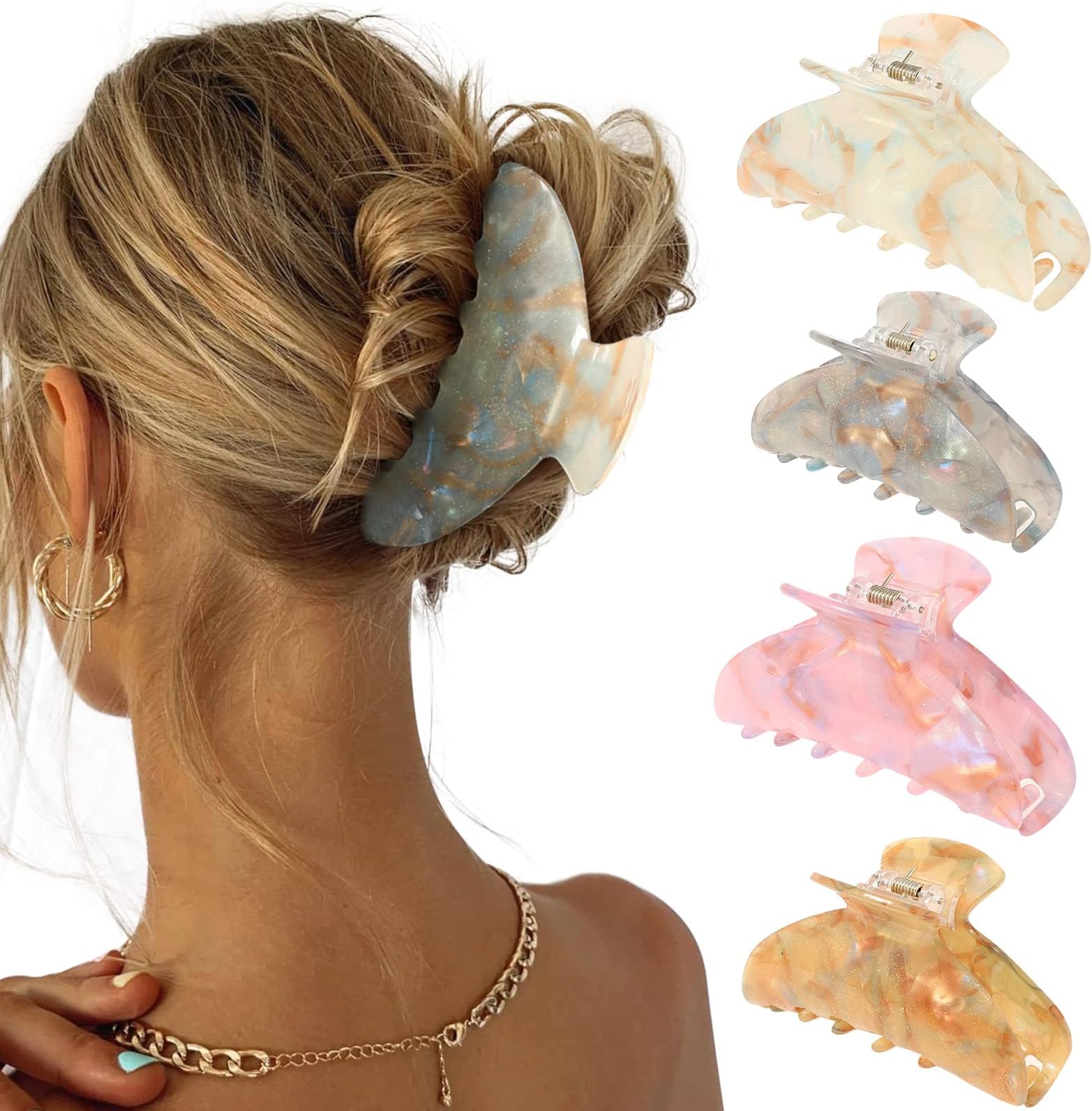4Pcs Large Acrylic Hair Claw Clips - Strong Hold Thick Hair Banana Barrettes for Women Girls (Hair Clips, Banana(gray/champagne/green/pink))