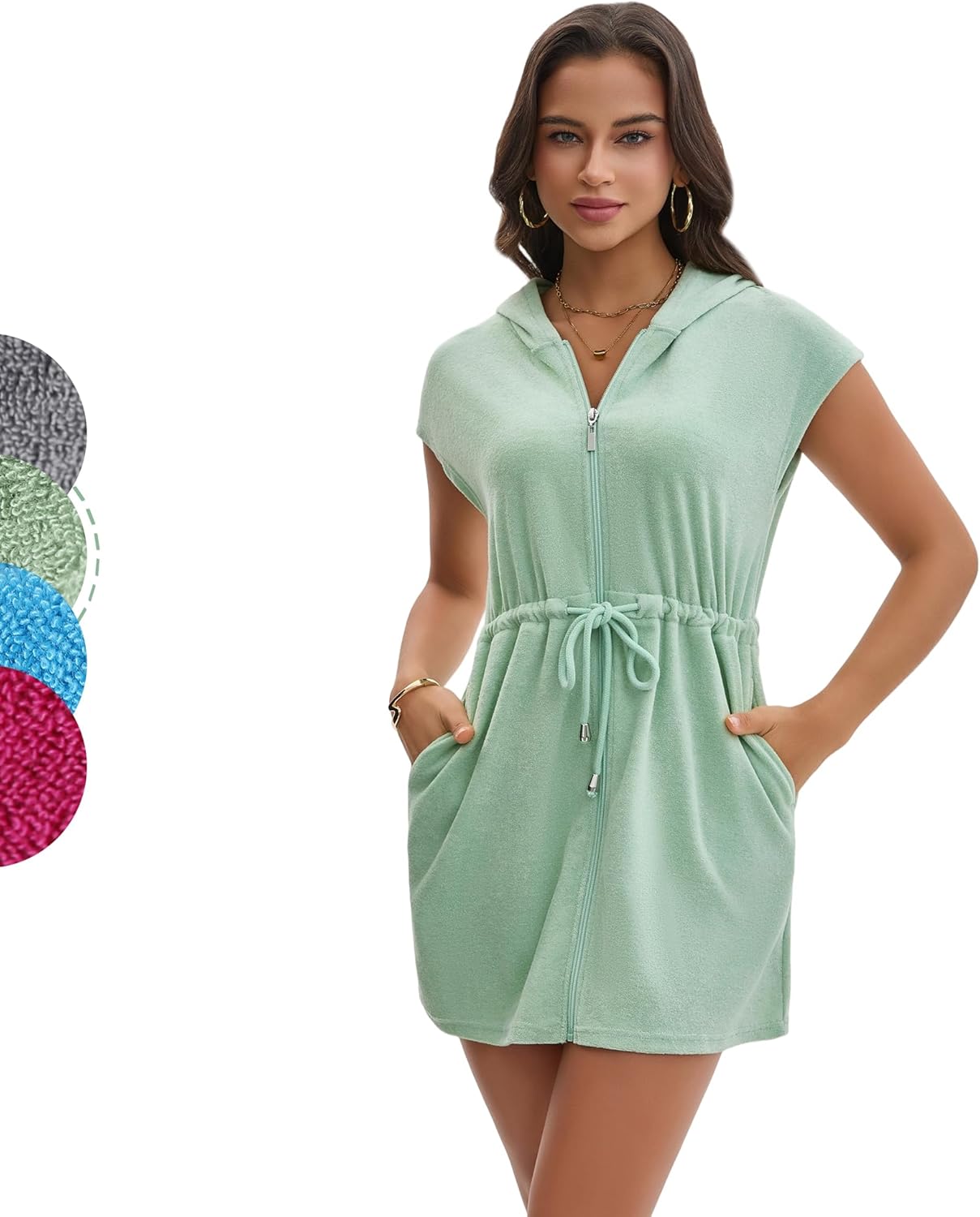 Navisting Terry Cloth Swim Cover Up for Women UPF 50+ Hooded Beach Swimsuits Cotton Robes Cover-up with Zipper Pockets Sun Protection Beach Swimwear Mint Green M