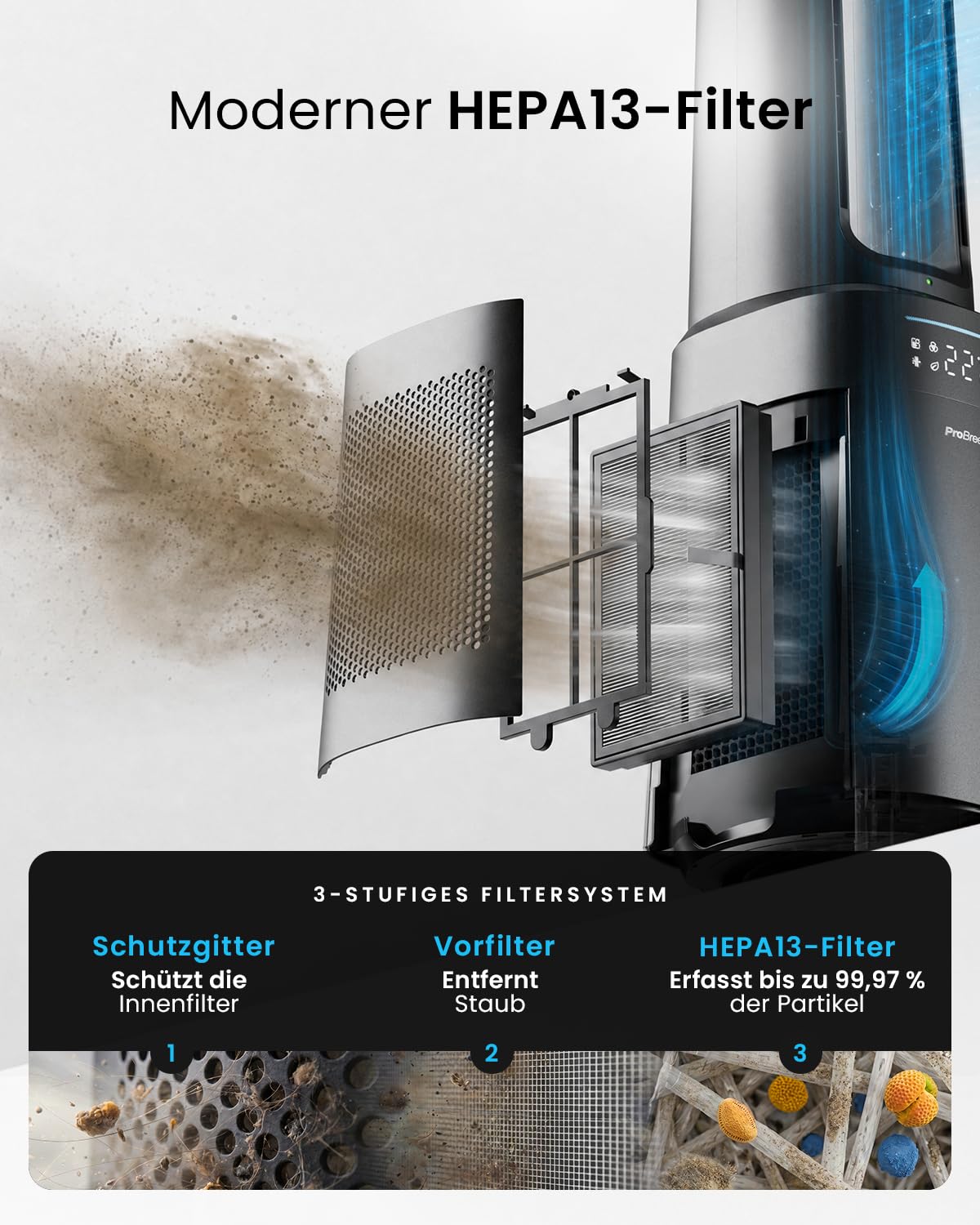 Pro Breeze OmniAir 105cm Turmventilator mit Luftreiniger, HEPA 13 Filter, WLAN, App, 10 Geschwindigkeiten, 5 Modi, Auto 75° Oszillation