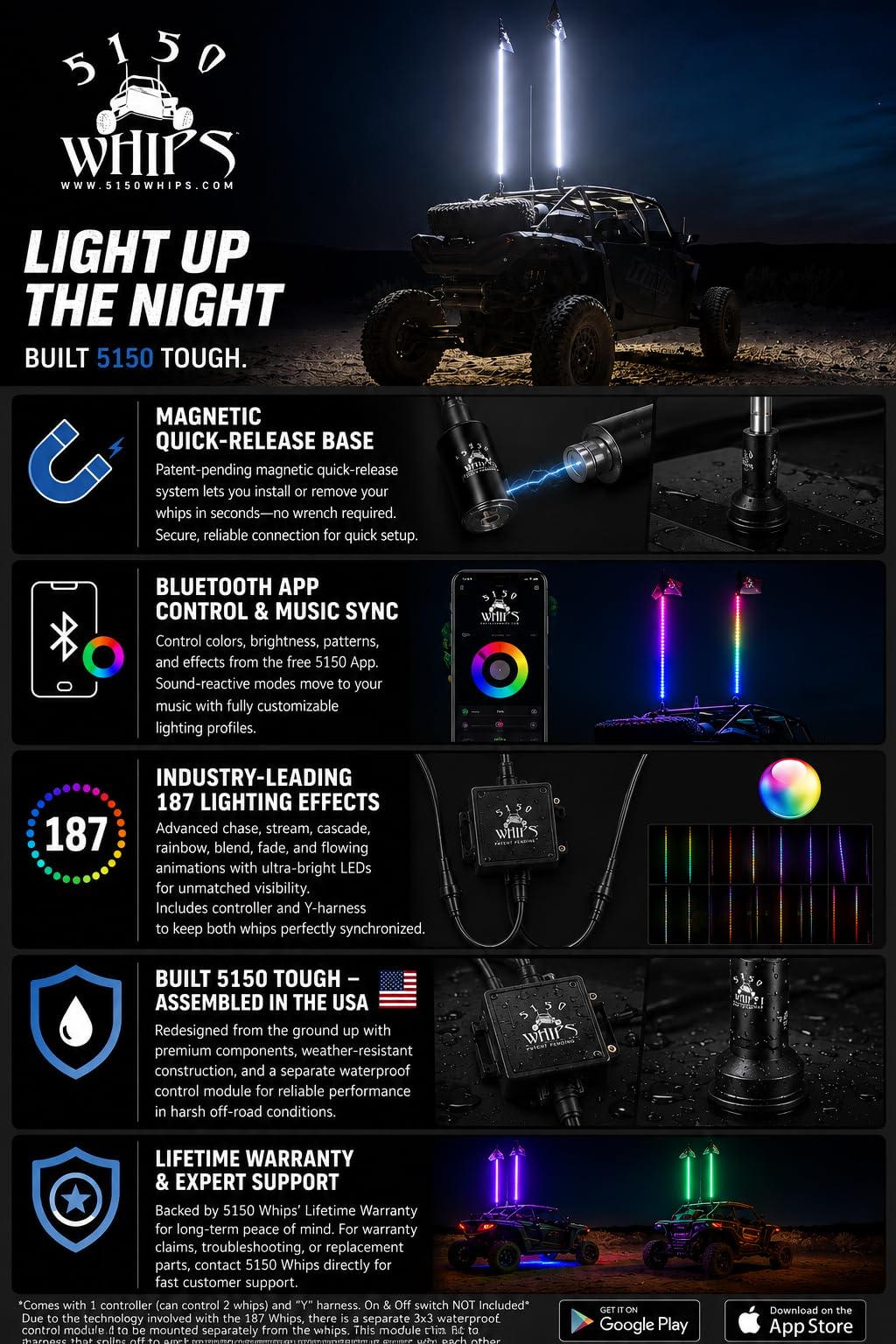 Amazon.com: 5150 Whips 187 Style RGB LED Whip Lights - Bluetooth