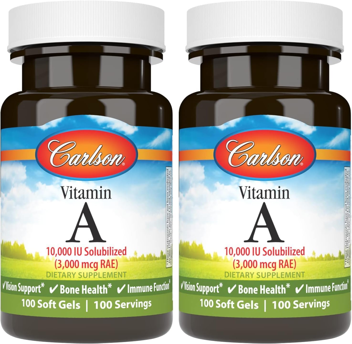 Carlson - Vitamin A Solubilized, 10000 IU (3000 mcg RAE), Water Soluble, Vision Health, 100 Softgels (Pack of 2)