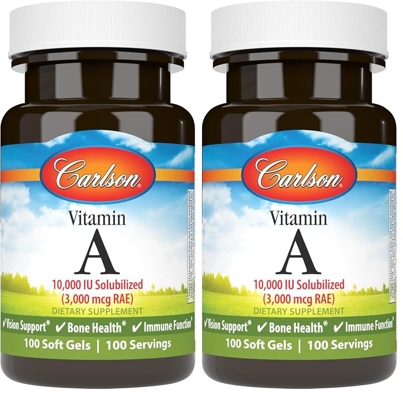 Carlson - Suplemento de vitamina A solubilizada, solúvel em água, 10.000 UI (3.000 mcg RAE), pacote com 2 frascos de 100 cápsulas gelatinosas