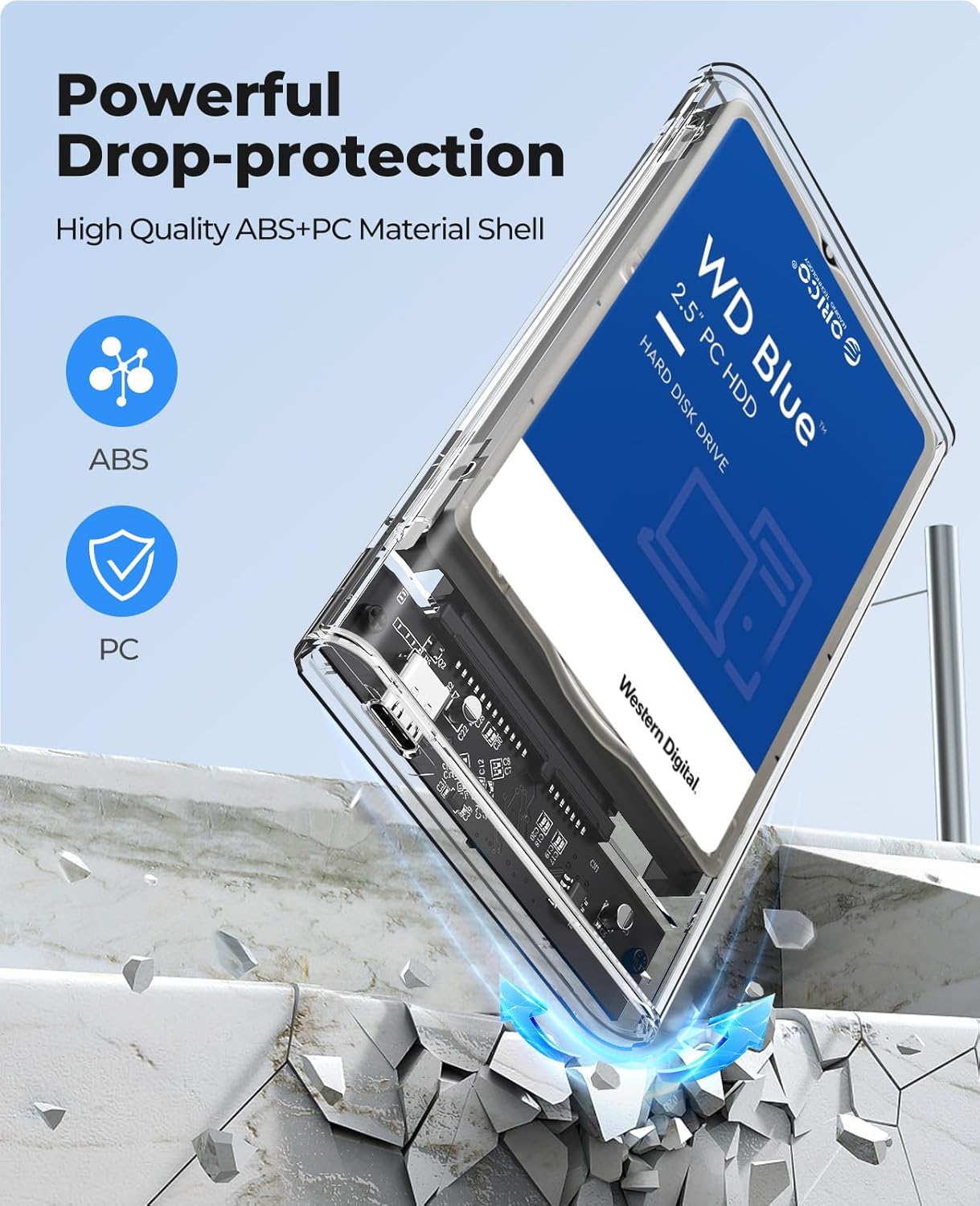 ORICO 2.5 inch Hard Drive Enclosure shown with powerful drop-protection features, highlighting its high-quality ABS+PC material shell.