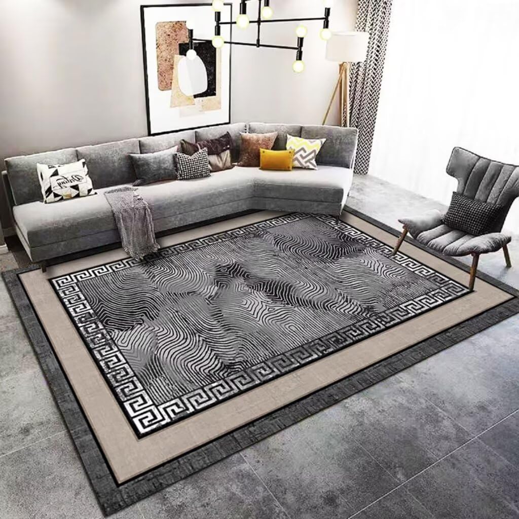 Tapis tendance noir motif abstrait lavable pour salon pas cher