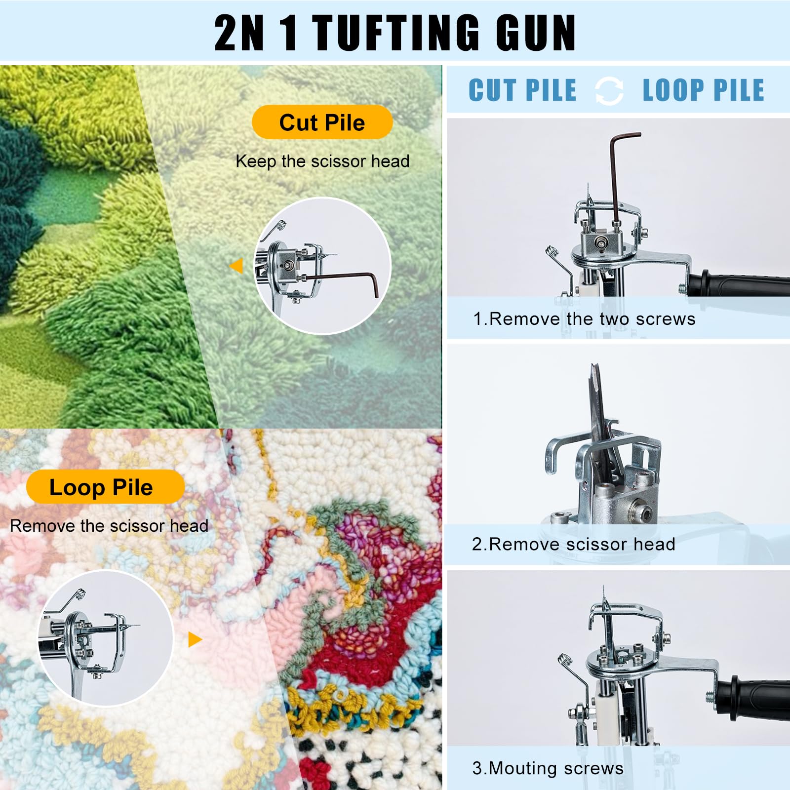 Set di pistole per il tufting con taglierina per tappeti e filo e panno per il tufting, set di pistole per il tufting di tappeti per la tessitura ad alta velocità