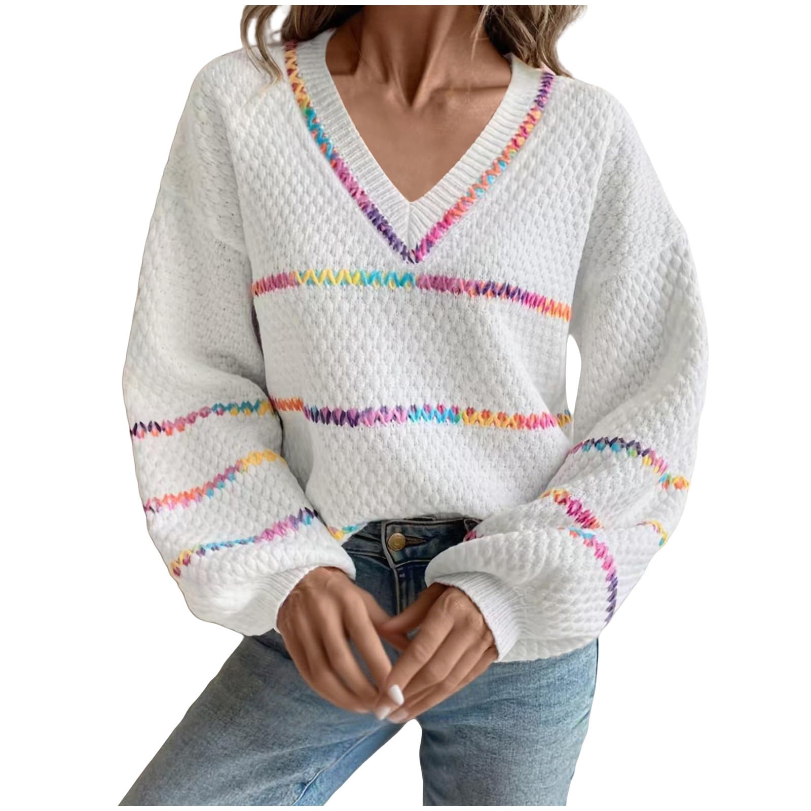 Womens Chunky Knit Sweaters Fall Winter V Neck Striped Color Block Pullover Long Sleeve Warm Tops Clothes Outfits