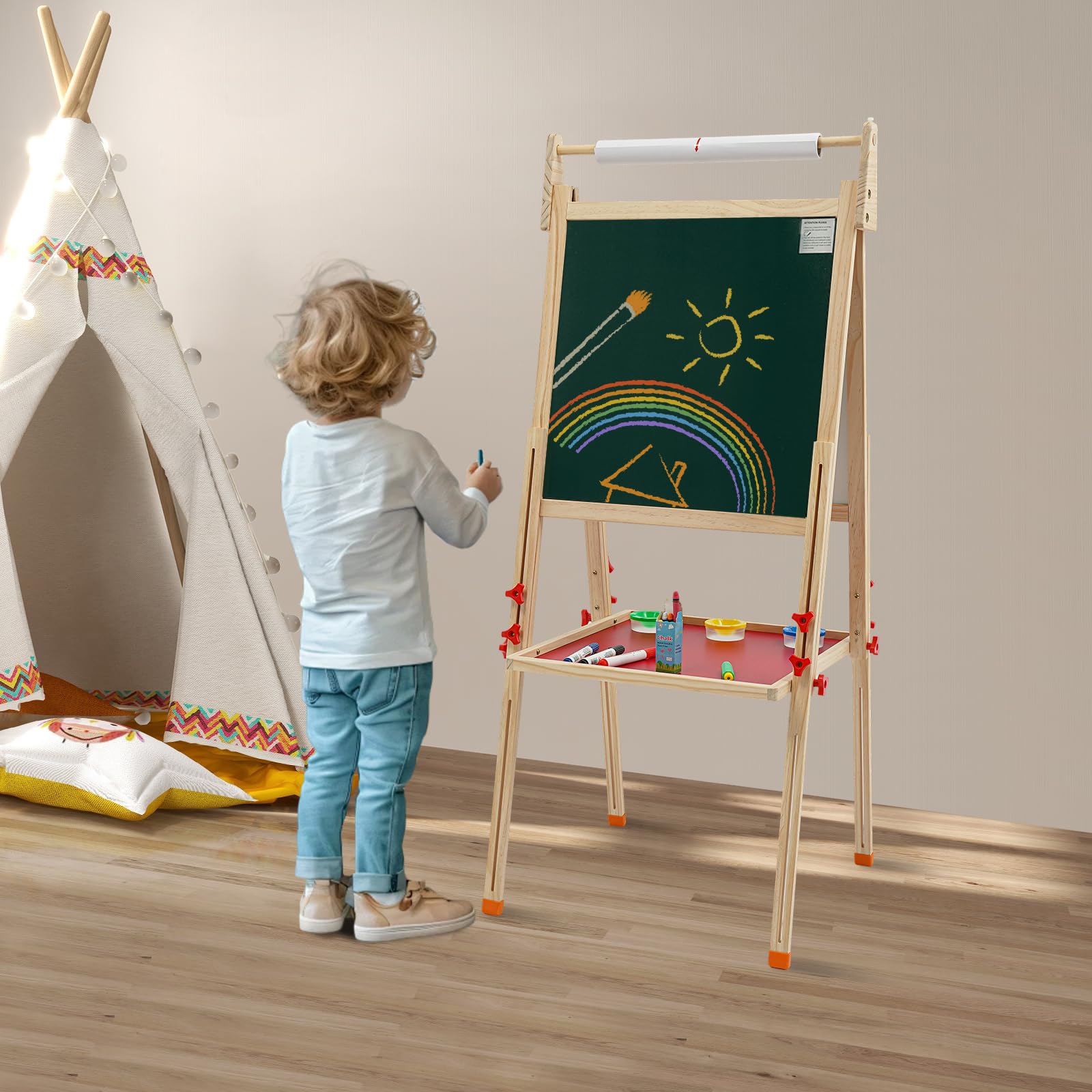 Cavalletto 3 in 1 per bambini, in legno di pino, lavagna bianca e lavagna, regolabile in altezza 85-144 cm, con rotolo di carta e accessori completi, stabile e sicuro