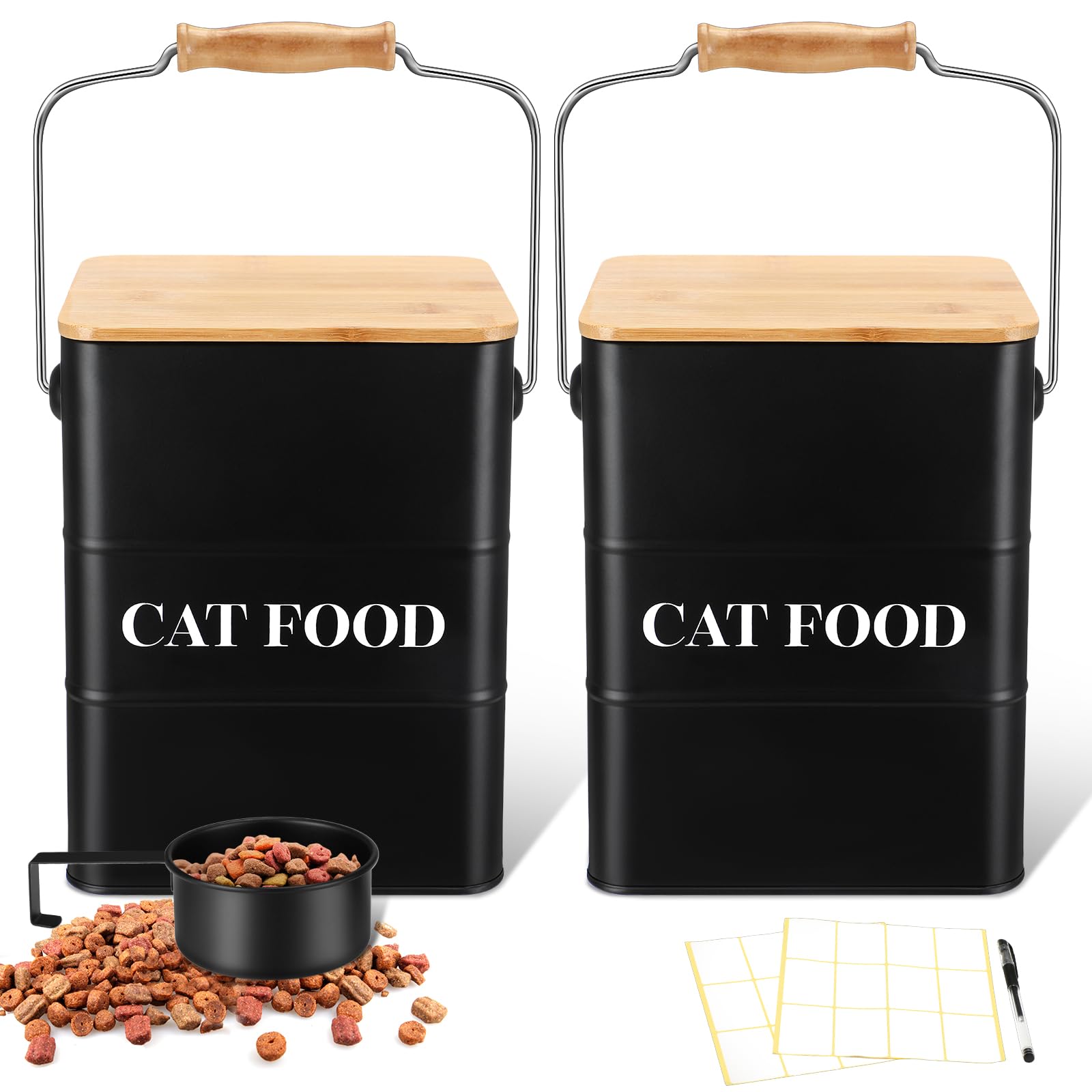 Tioncy 2 recipientes de metal para alimentos para gatos con tapas de bambú y cuchara, herméticos, 14 libras, tarros de aperitivos para gatos con etiquetas de bricolaje, contenedor grande de